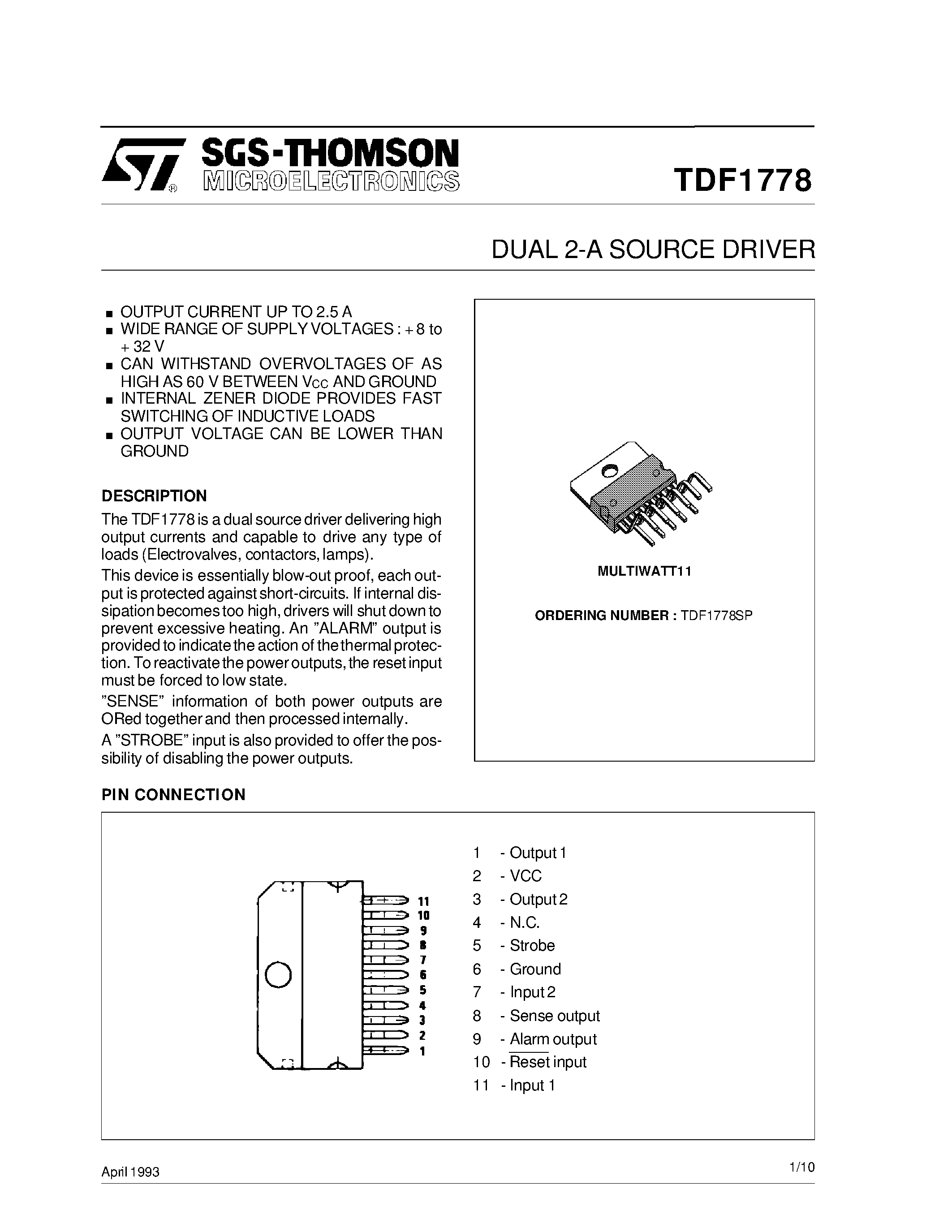 Datasheet TDF1778SP - DUAL 2-A SOURCE DRIVER page 1