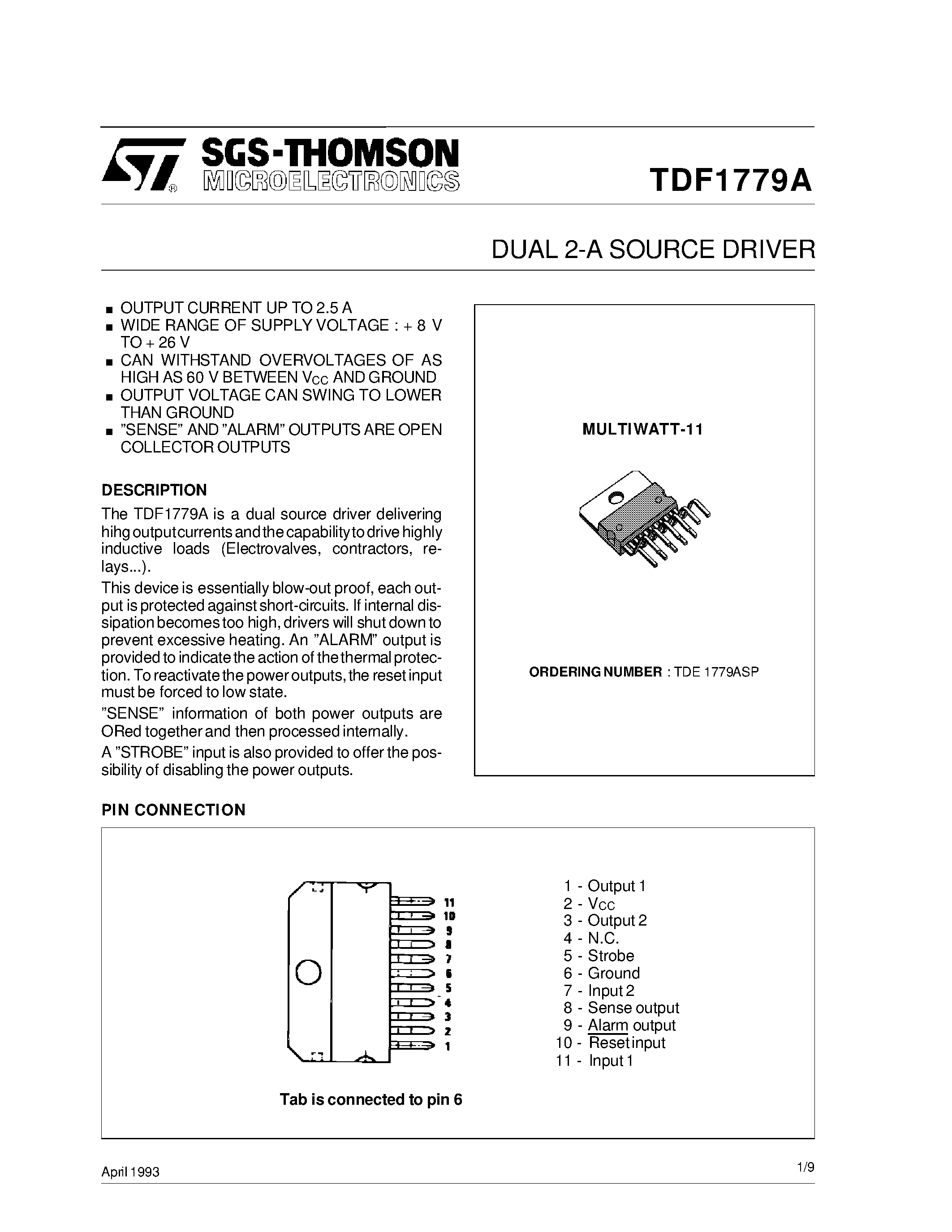 Datasheet TDF1779 - DUAL 2-A SOURCE DRIVER page 1