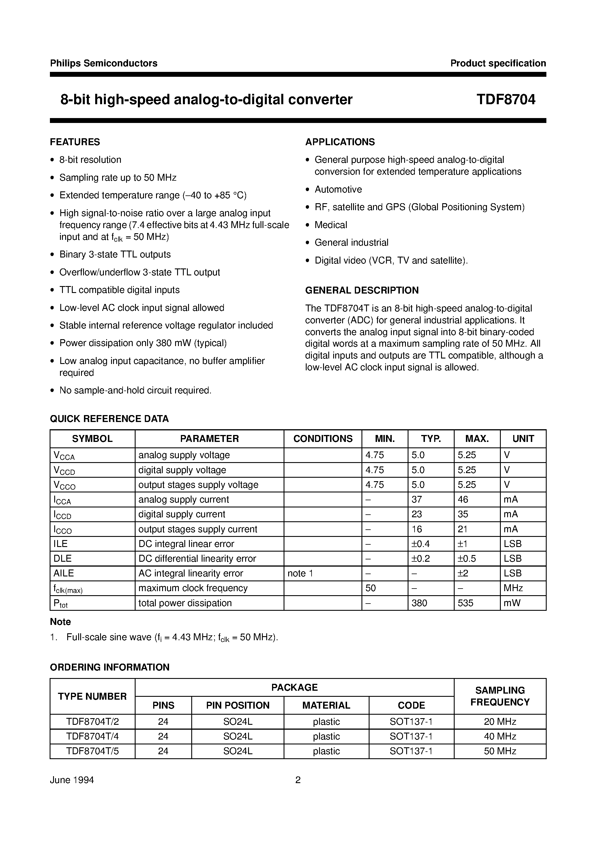 Даташит TDF8704 - 8-bit high-speed analog-to-digital converter страница 2