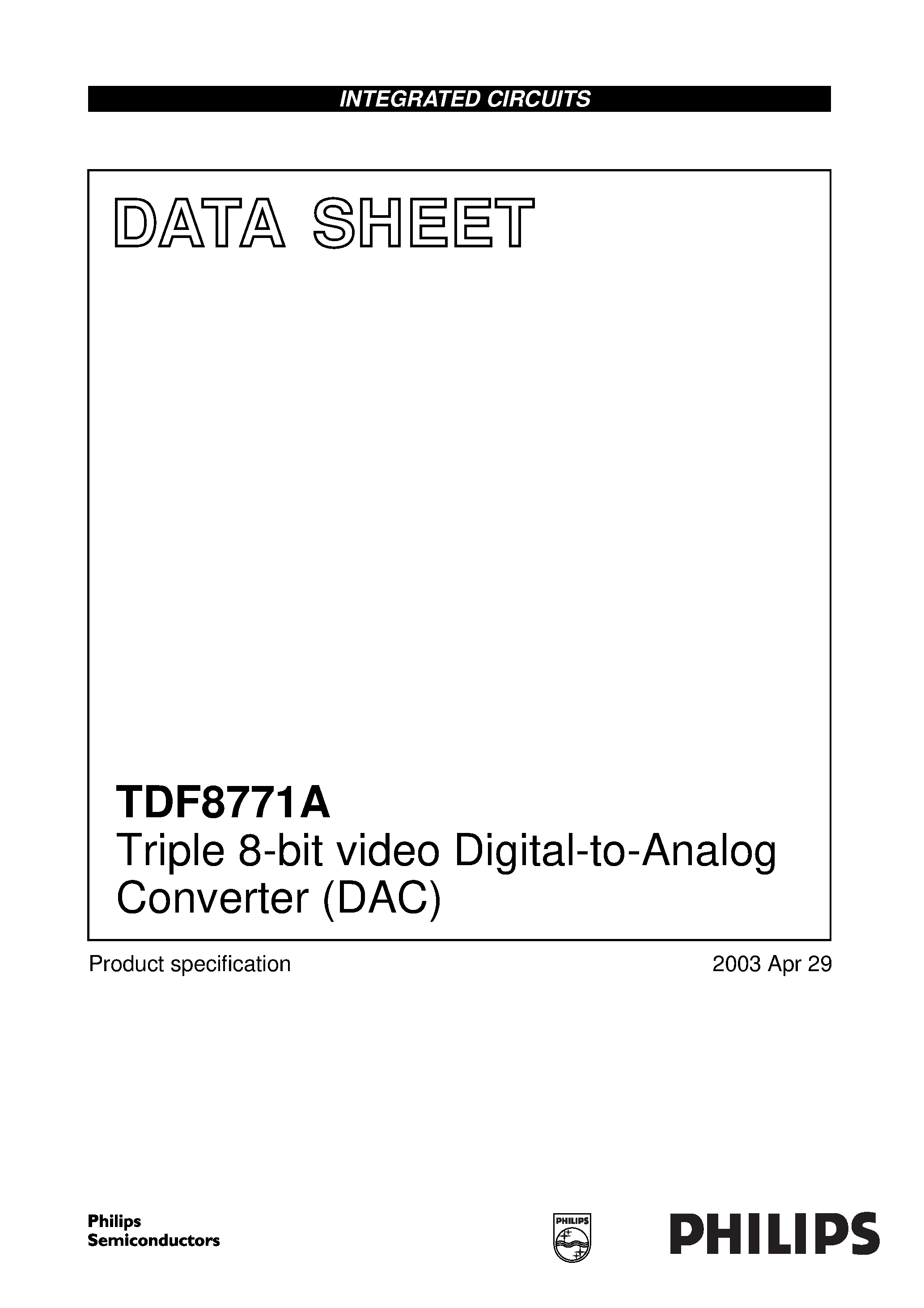 Даташит TDF8771A - Triple 8-bit video Digital-to-Analog Converter (DAC) страница 1