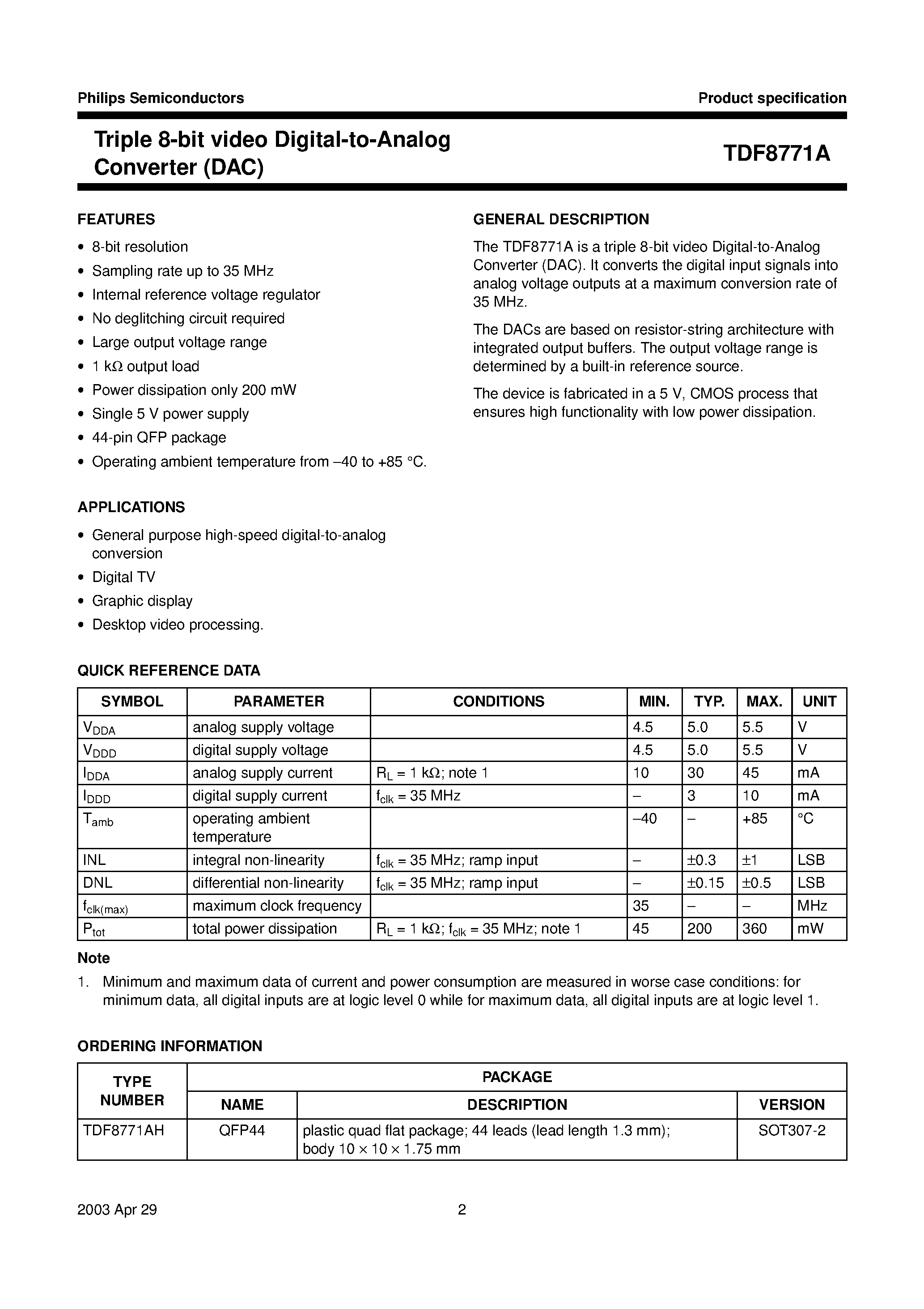 Даташит TDF8771AH - Triple 8-bit video Digital-to-Analog Converter (DAC) страница 2