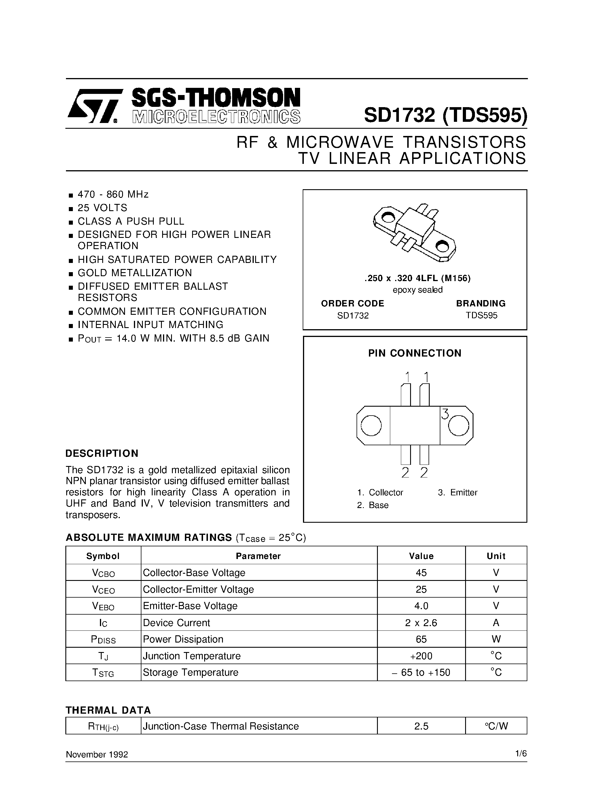 Datasheet TDS595 - RF & MICROWAVE TRANSISTORS TV LINEAR APPLICATIONS page 1