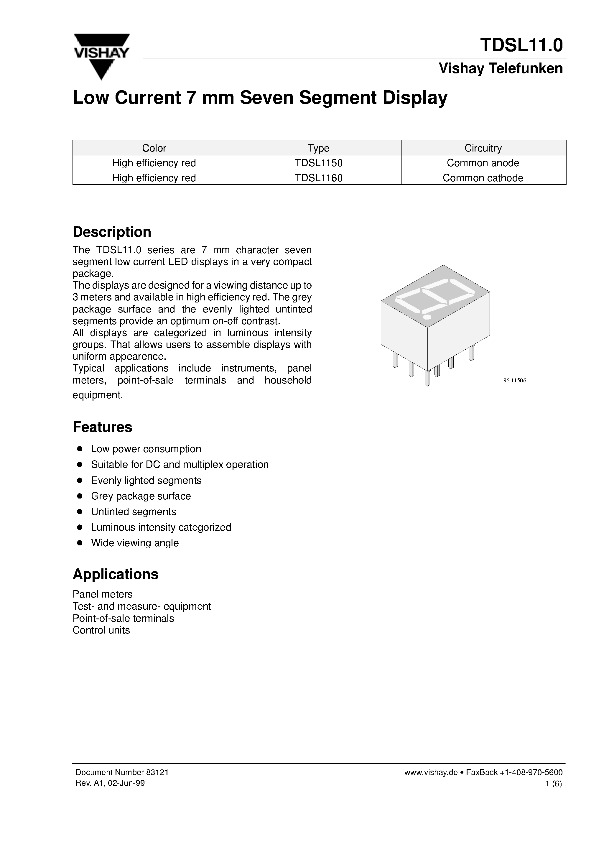 Даташит на микросхему TDSL1160 страница 1 Даташит TDSL1160 - Low Current 7 mm Seven Segment Display страница 1