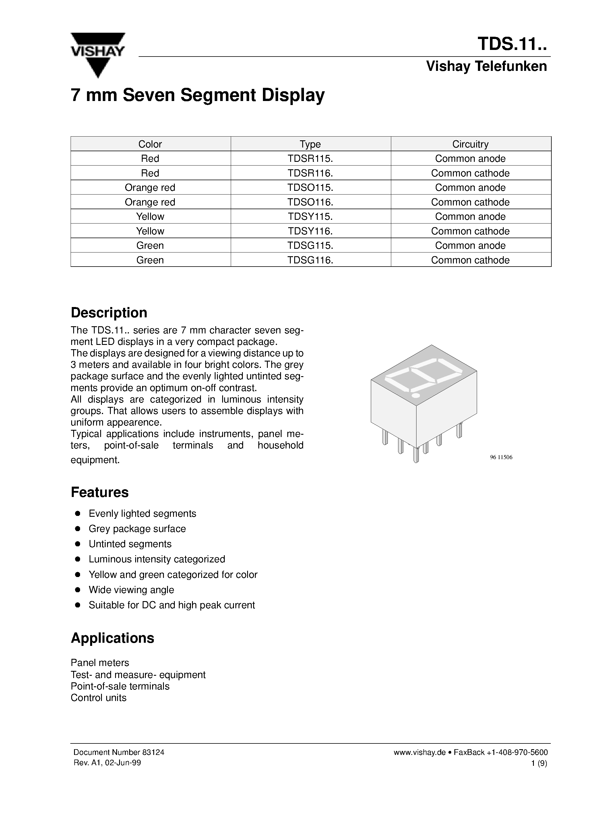 Даташит на микросхему TDSY115 страница 1 Даташит TDSY115 - 7 mm Seven Segment Display страница 1