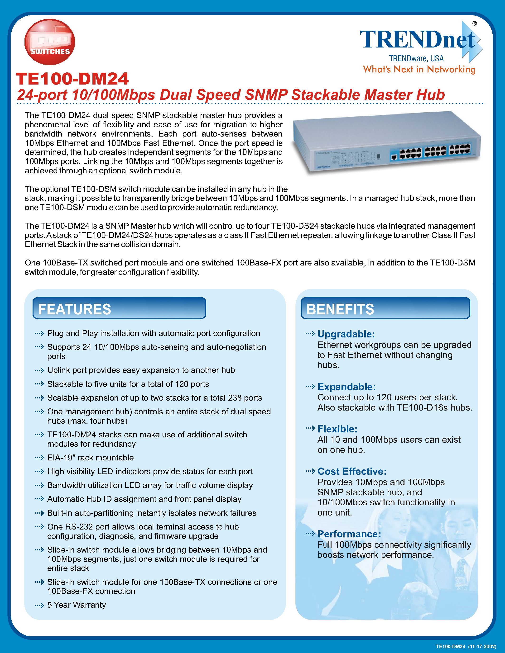 Datasheet TE100-DM24 - 24-port 10/100Mbps Dual Speed SNMP Stackable Master Hub page 1