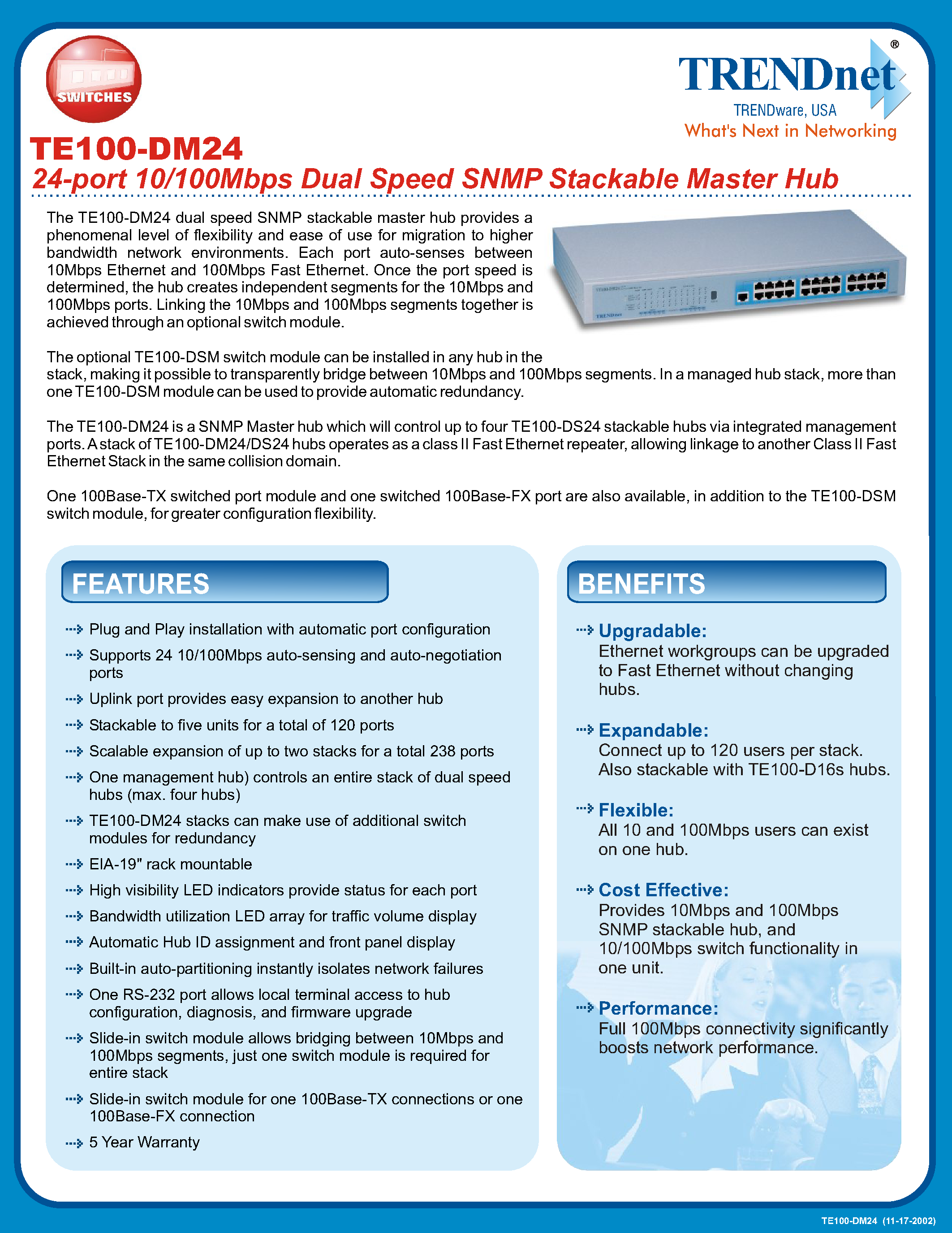 Даташит на микросхему TE100-DSM страница 1 Даташит TE100-DSM - 24-port 10/100Mbps Dual Speed SNMP Stackable Master Hub страница 1