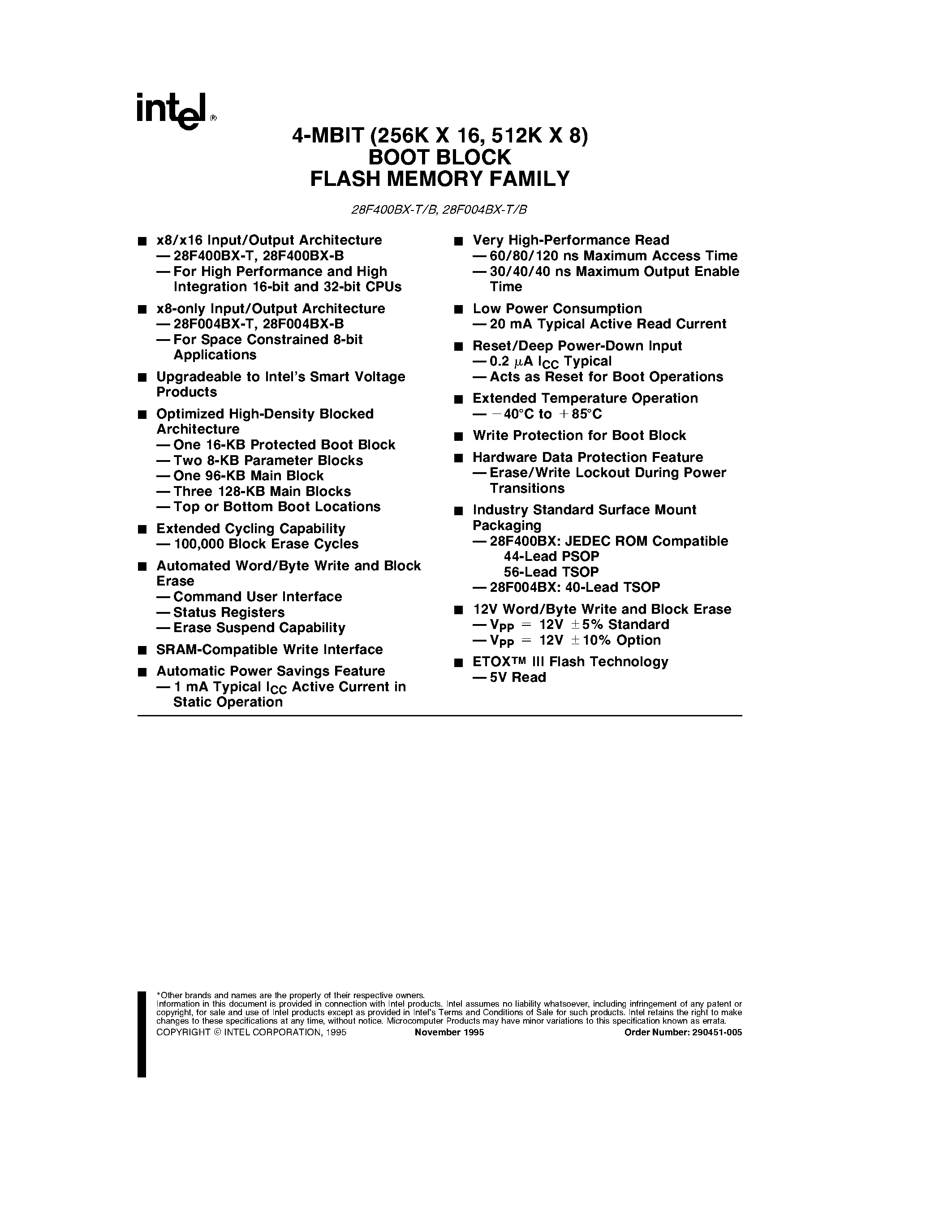 Datasheet TE28F004BX-B80 - 4-MBIT (256K X 16/ 512K X 8) BOOT BLOCK FLASH MEMORY FAMILY page 1