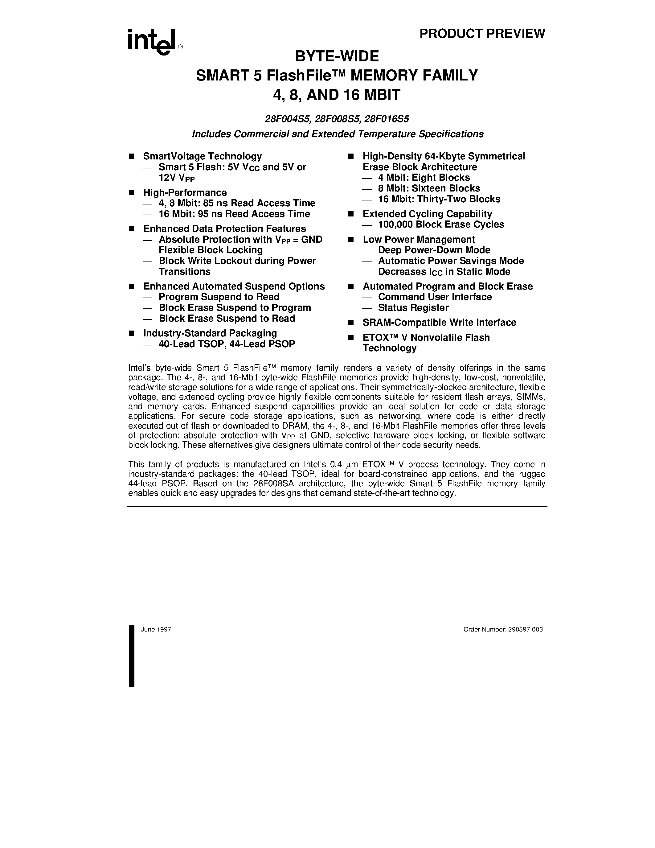 Datasheet TE28F004S5-100 - BYTE-WIDE SMART 5 FlashFile MEMORY FAMILY 4/ 8/ AND 16 MBIT page 1