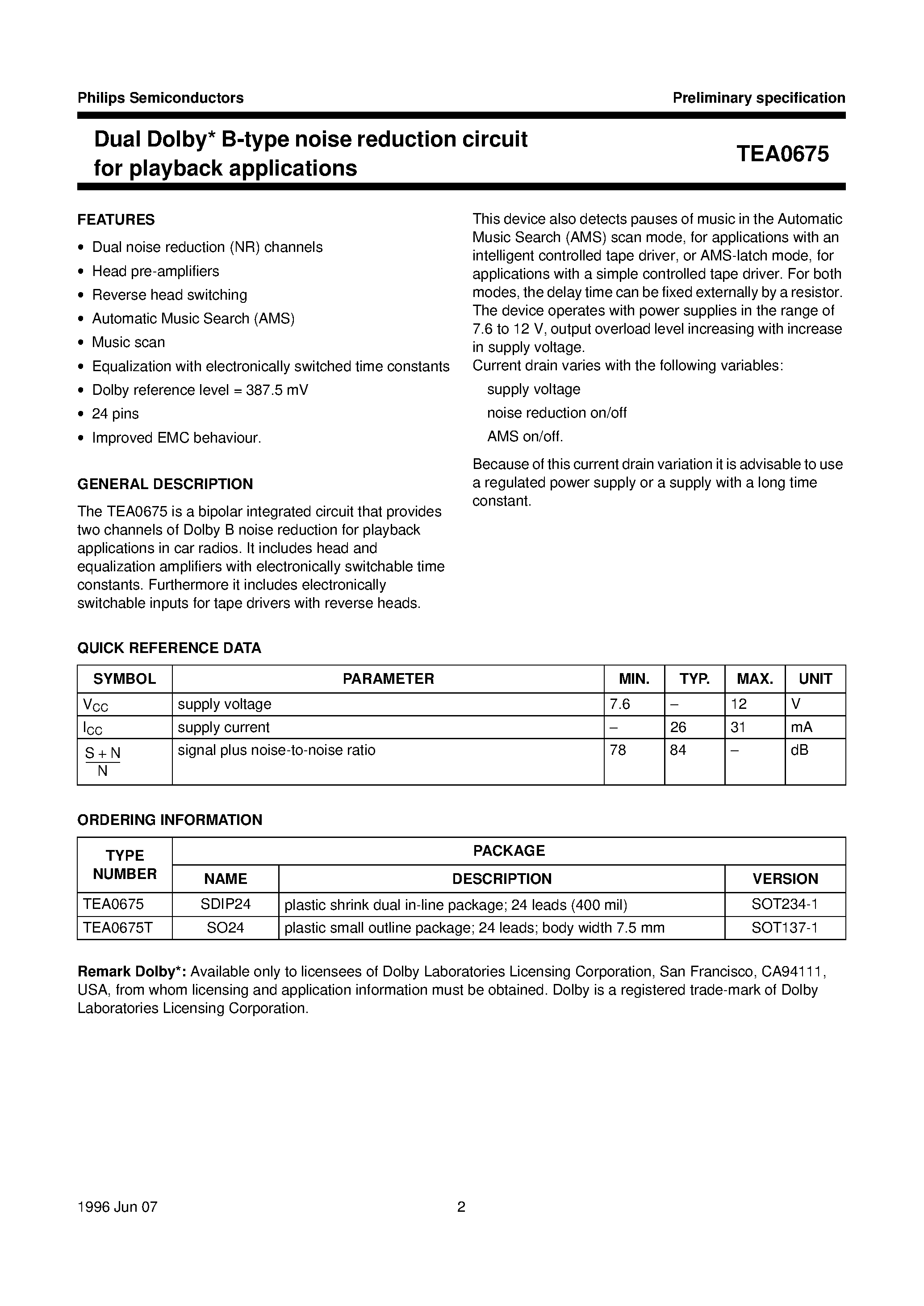 Datasheet TEA0675 - Dual Dolby* B-type noise reduction circuit for playback applications page 2