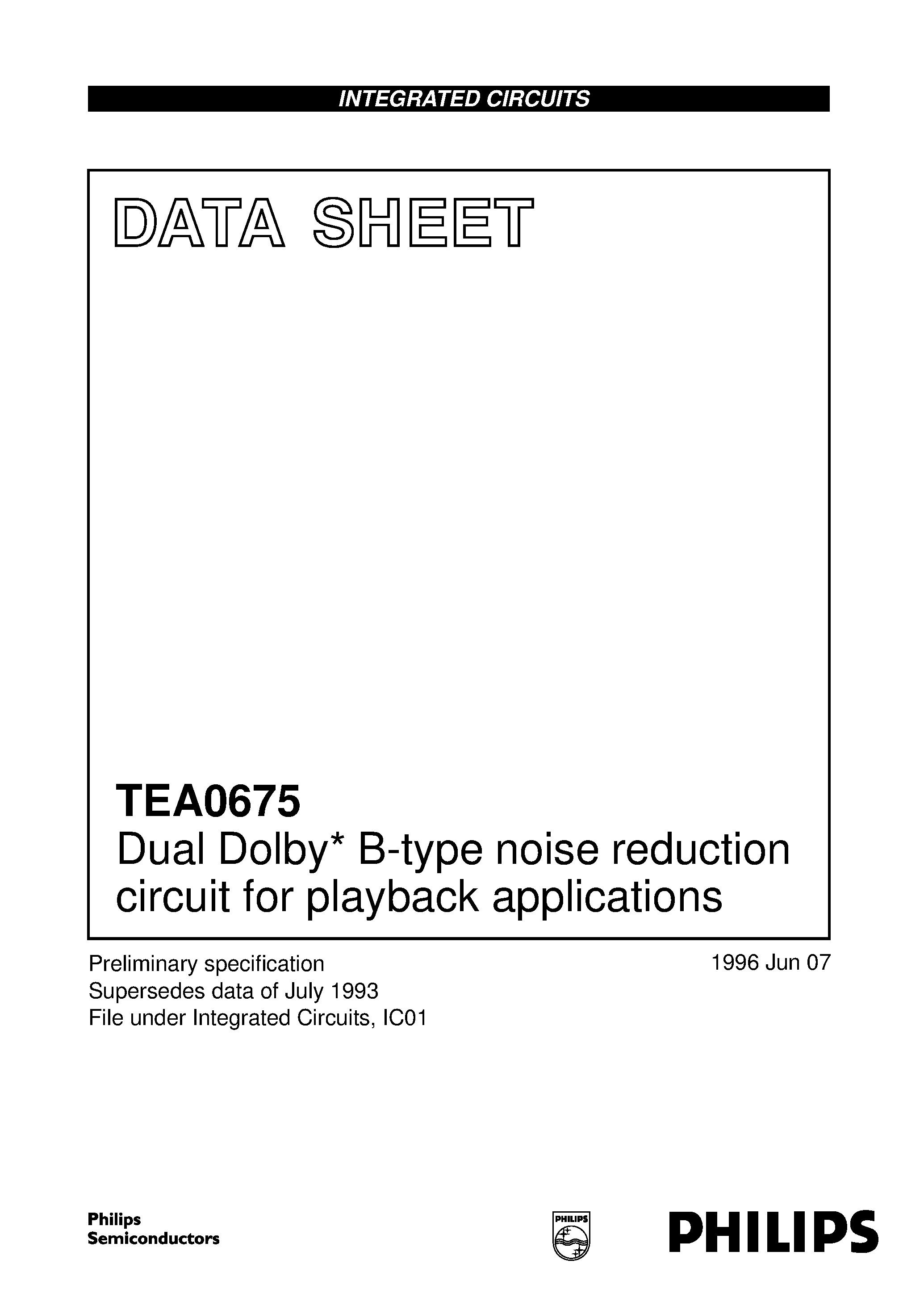 Datasheet TEA0675T page 1 Datasheet TEA0675T - Dual Dolby* B-type noise reduction circuit for playback applications page 1
