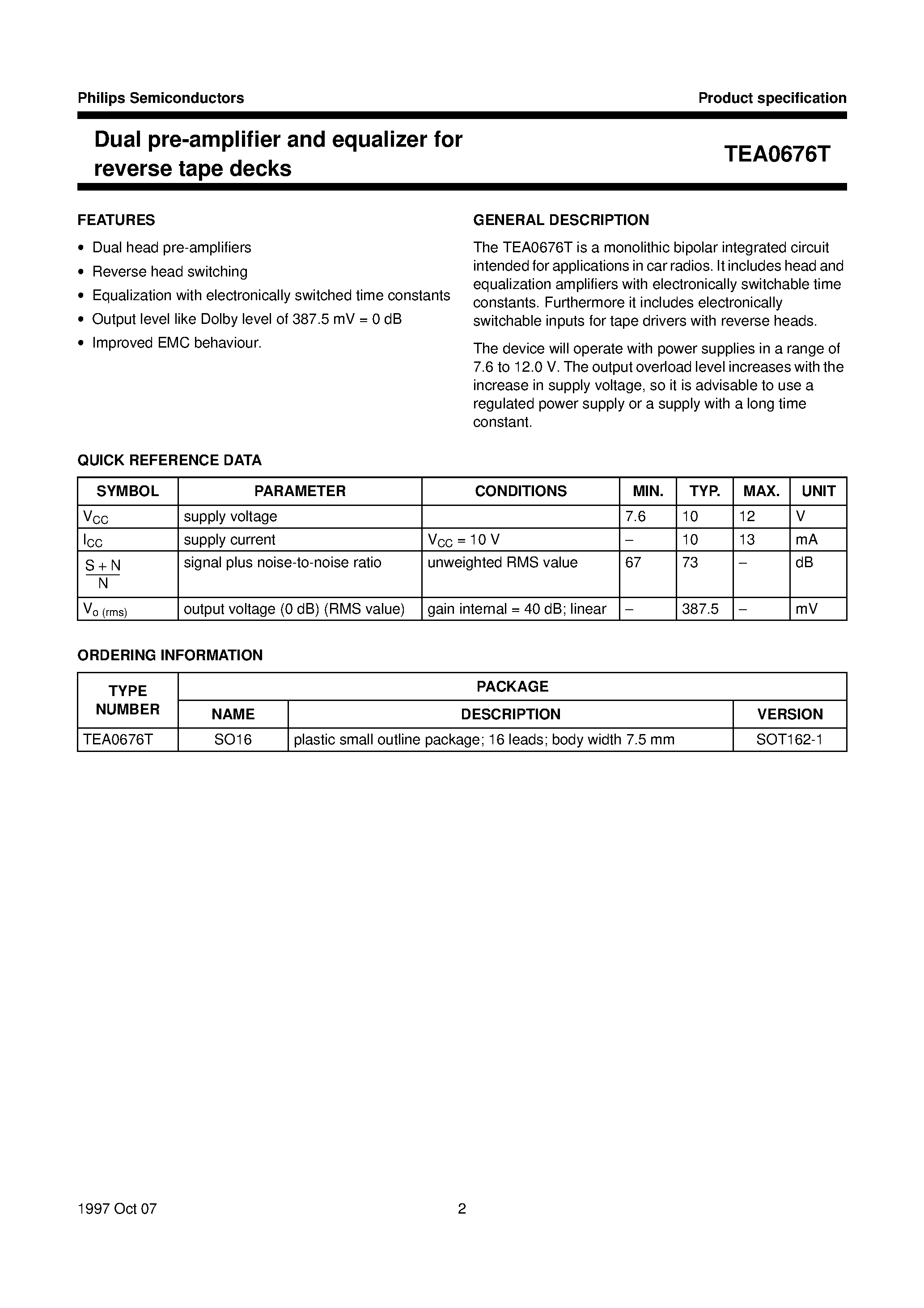 Datasheet TEA0676T page 2 Datasheet TEA0676T - Dual pre-amplifier and equalizer for reverse tape decks page 2