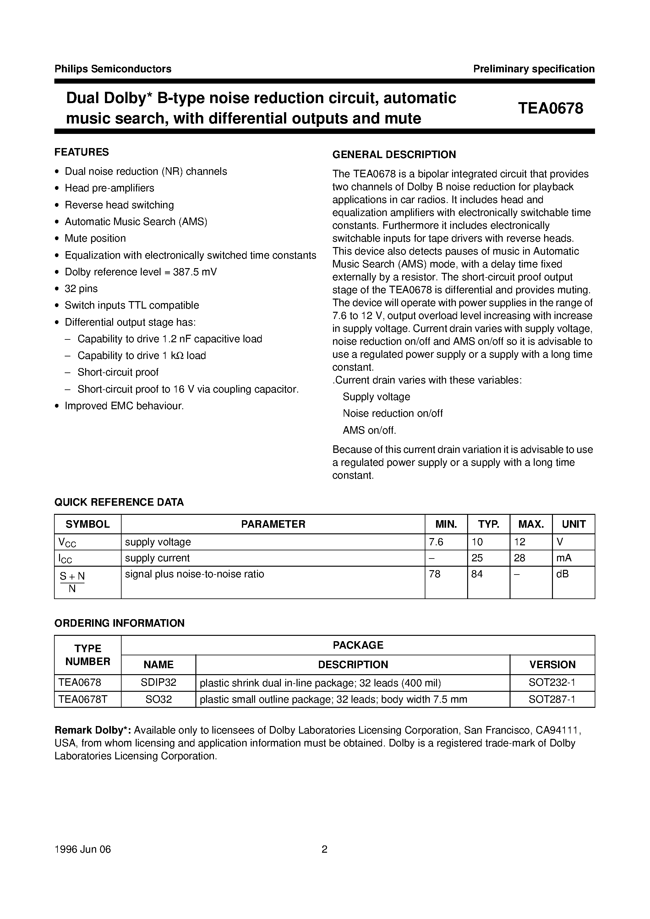 Datasheet TEA0678 - Dual Dolby* B-type noise reduction circuit/ automatic music search/ with differential outputs and mute page 2