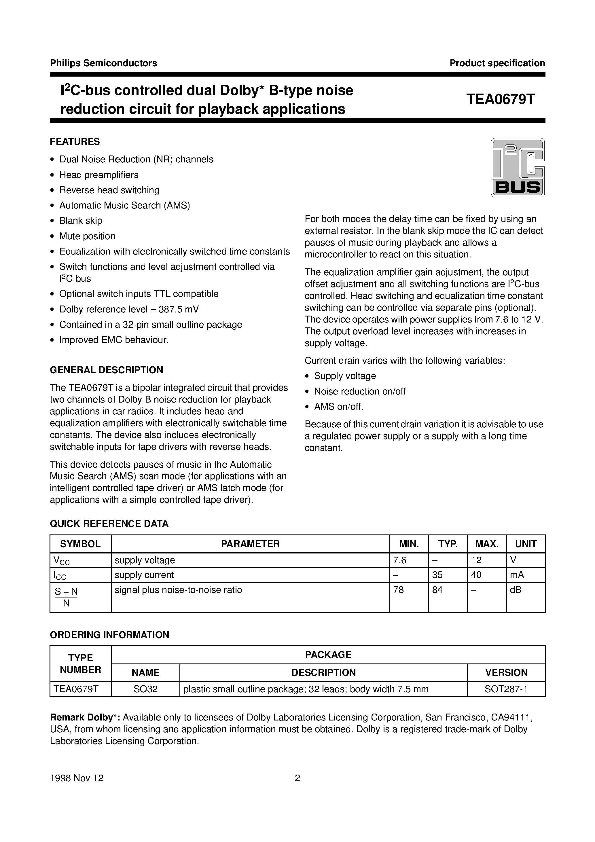 Даташит на микросхему TEA0679 страница 2 Даташит TEA0679 - I2C-bus controlled dual Dolby* B-type noise reduction circuit for playback applications страница 2