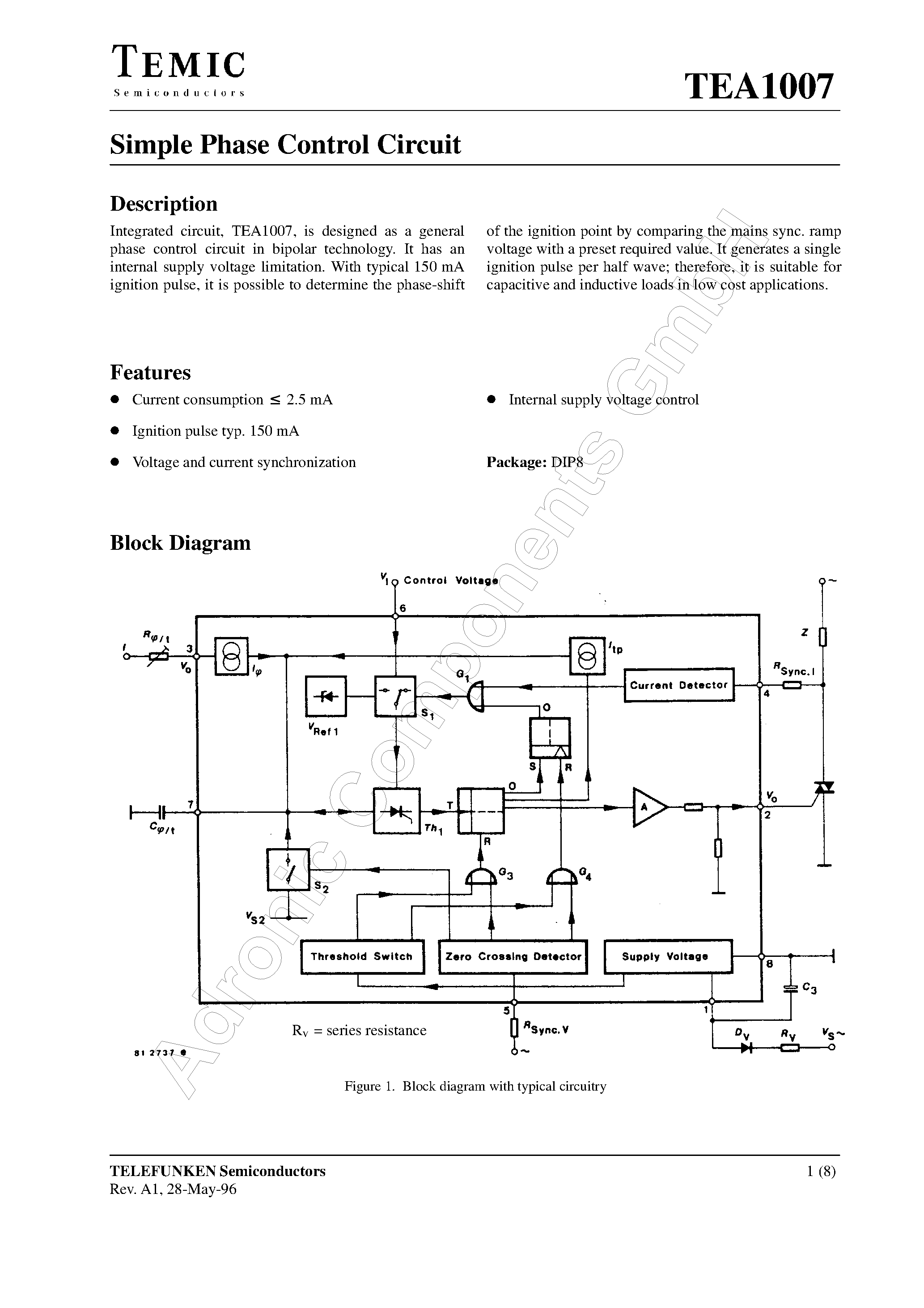 Datasheet TEA1007 page 1 Datasheet TEA1007 - Simple Phase Control Circuit page 1