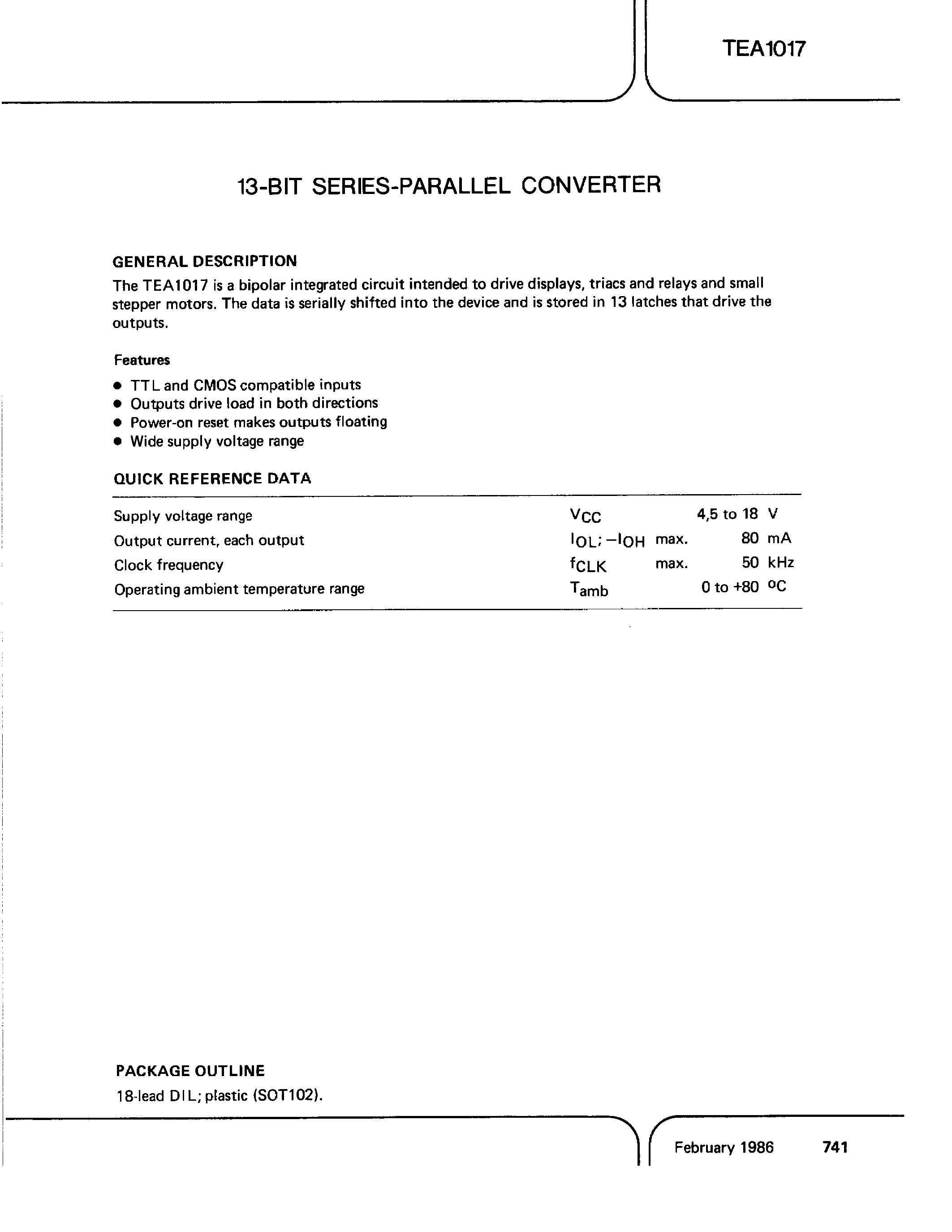 Datasheet TEA1017 page 1 Datasheet TEA1017 - 13 BIT SERIES PARALLEL CONVERTER page 1