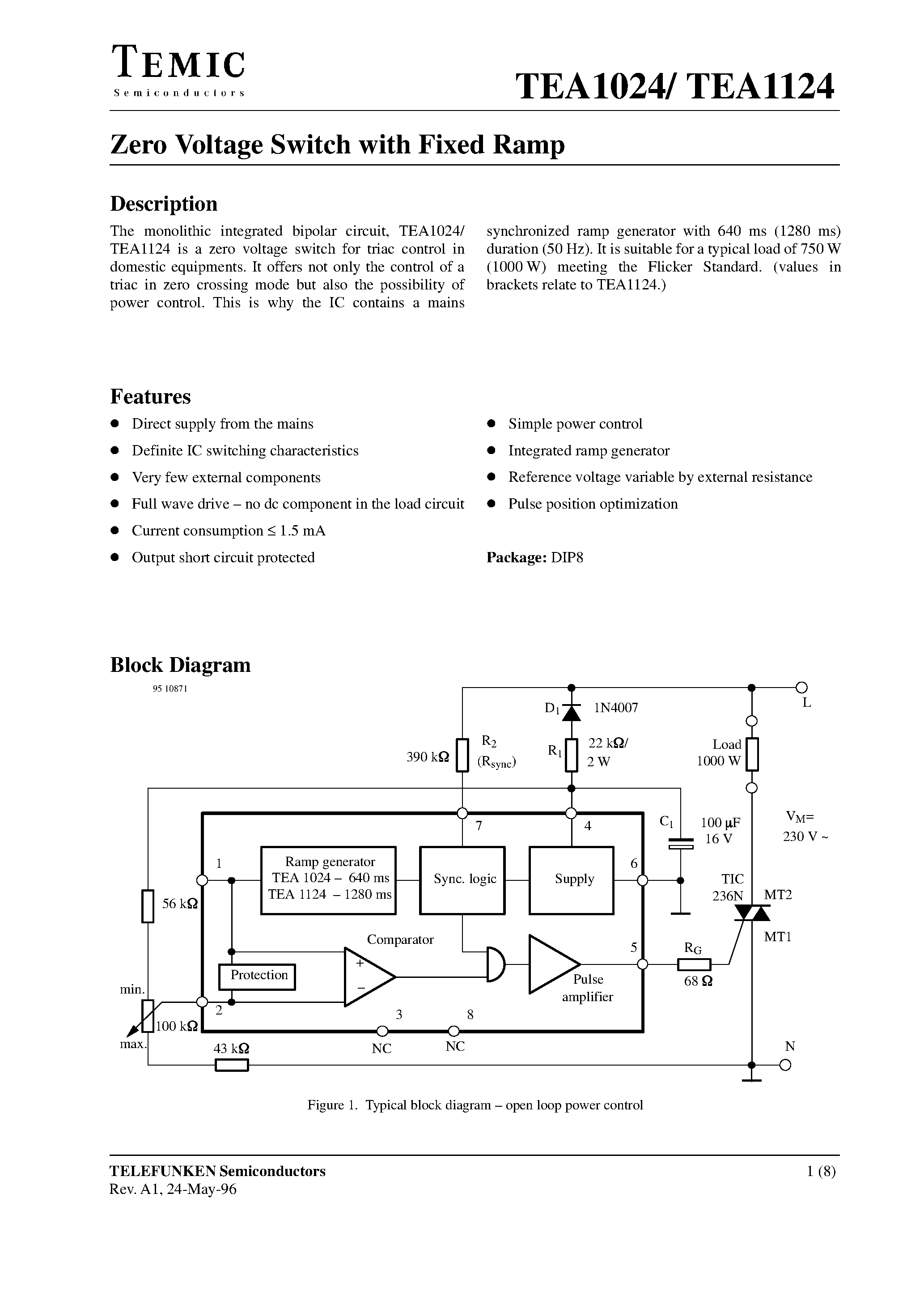 Datasheet TEA1024 page 1 Datasheet TEA1024 - Zero Voltage Switch with Fixed Ramp page 1