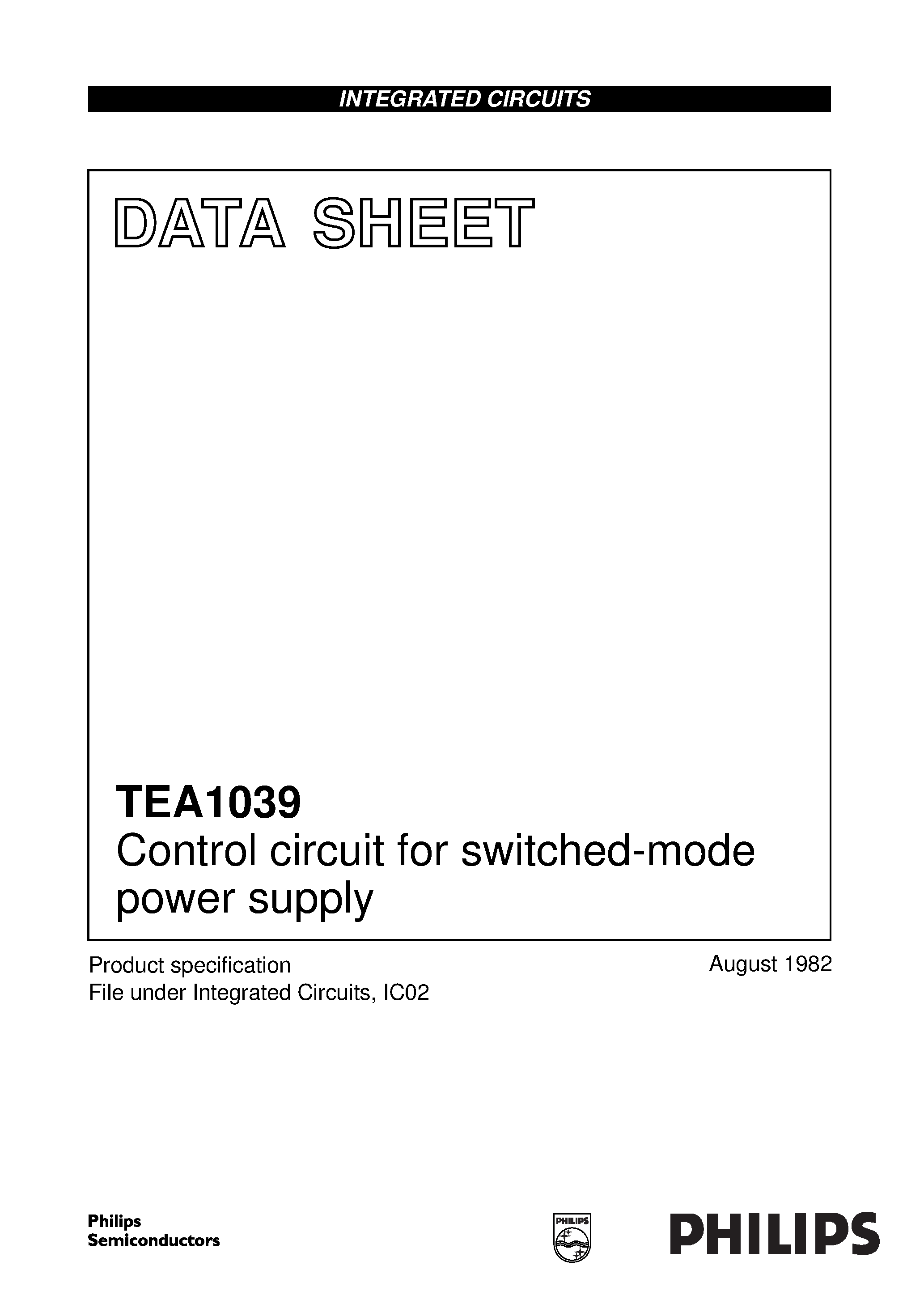 Datasheet TEA1039 page 1 Datasheet TEA1039 - Control circuit for switched-mode power supply page 1