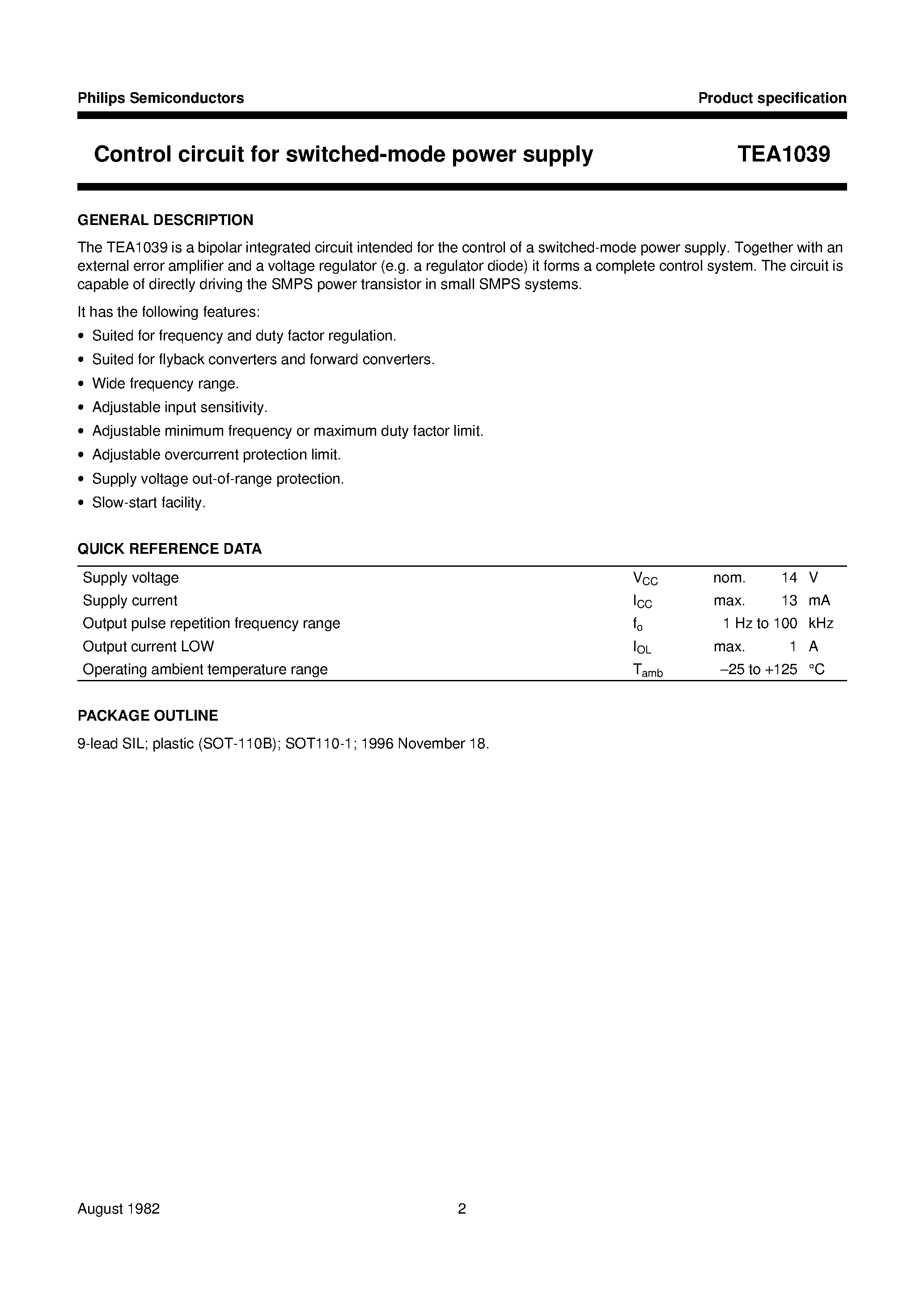 Datasheet TEA1039 page 2 Datasheet TEA1039 - Control circuit for switched-mode power supply page 2