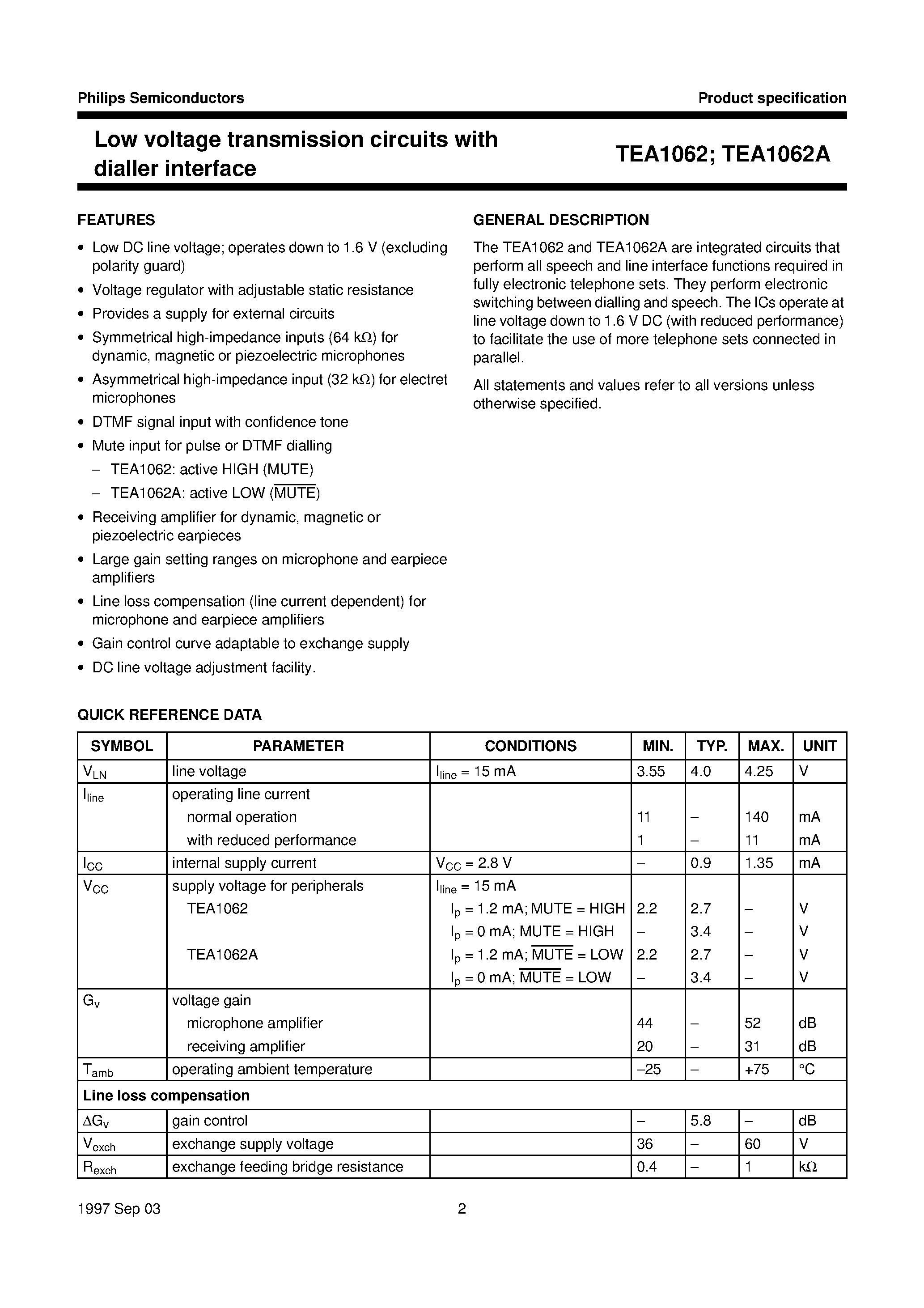 Datasheet TEA1062A - Low voltage transmission circuits with dialler interface page 2