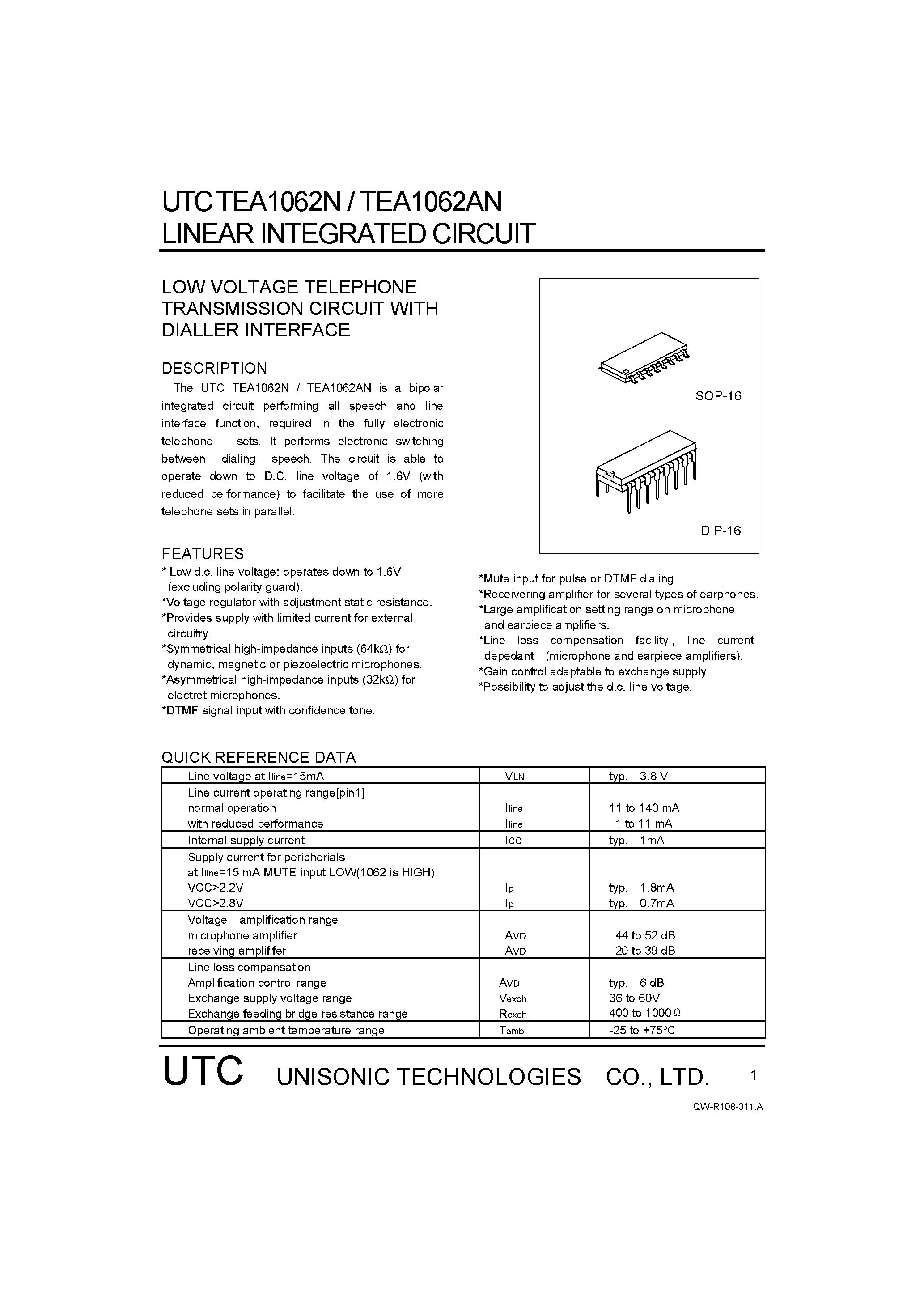 Datasheet TEA1062AN - LOW VOLTAGE TELEPHONE TRANSMISSION CIRCUIT WITH DIALLER INTERFACE page 1