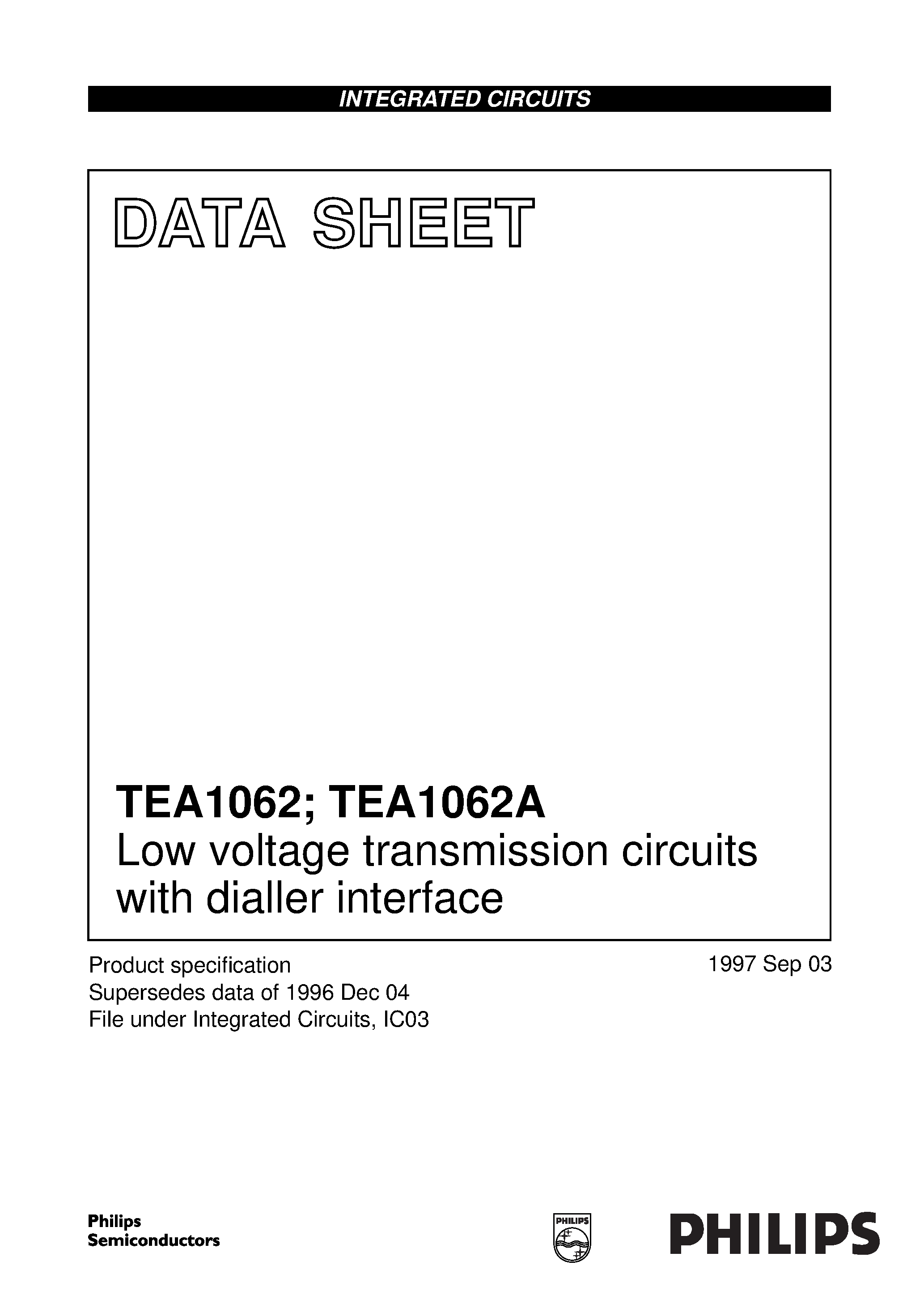 Datasheet TEA1062AT page 1 Datasheet TEA1062AT - Low voltage transmission circuits with dialler interface page 1