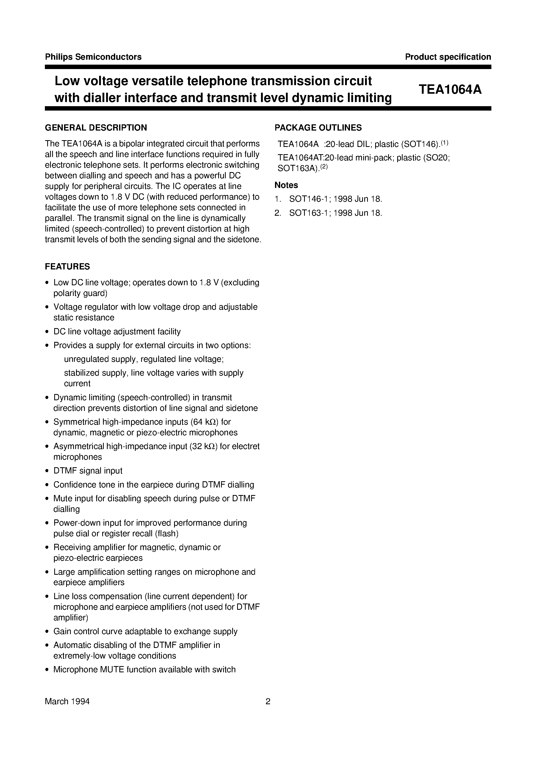 Datasheet TEA1064A page 2 Datasheet TEA1064A - Low voltage versatile telephone transmission circuit with dialler interface and transmit level dynamic limiting page 2