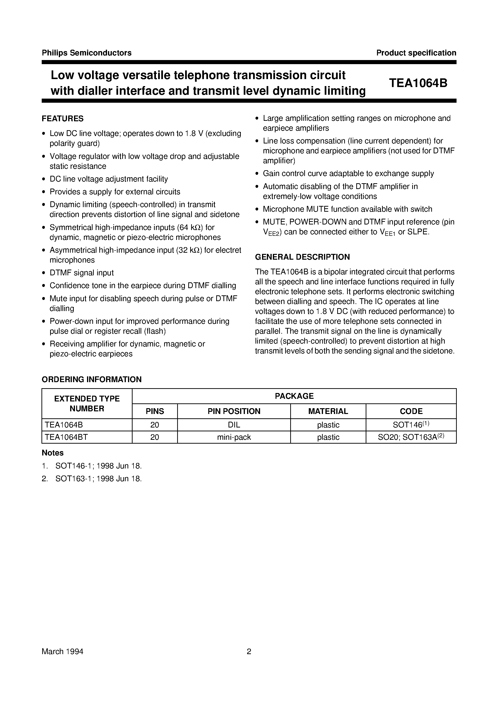 Datasheet TEA1064BT page 2 Datasheet TEA1064BT - Low voltage versatile telephone transmission circuit with dialler interface and transmit level dynamic limiting page 2