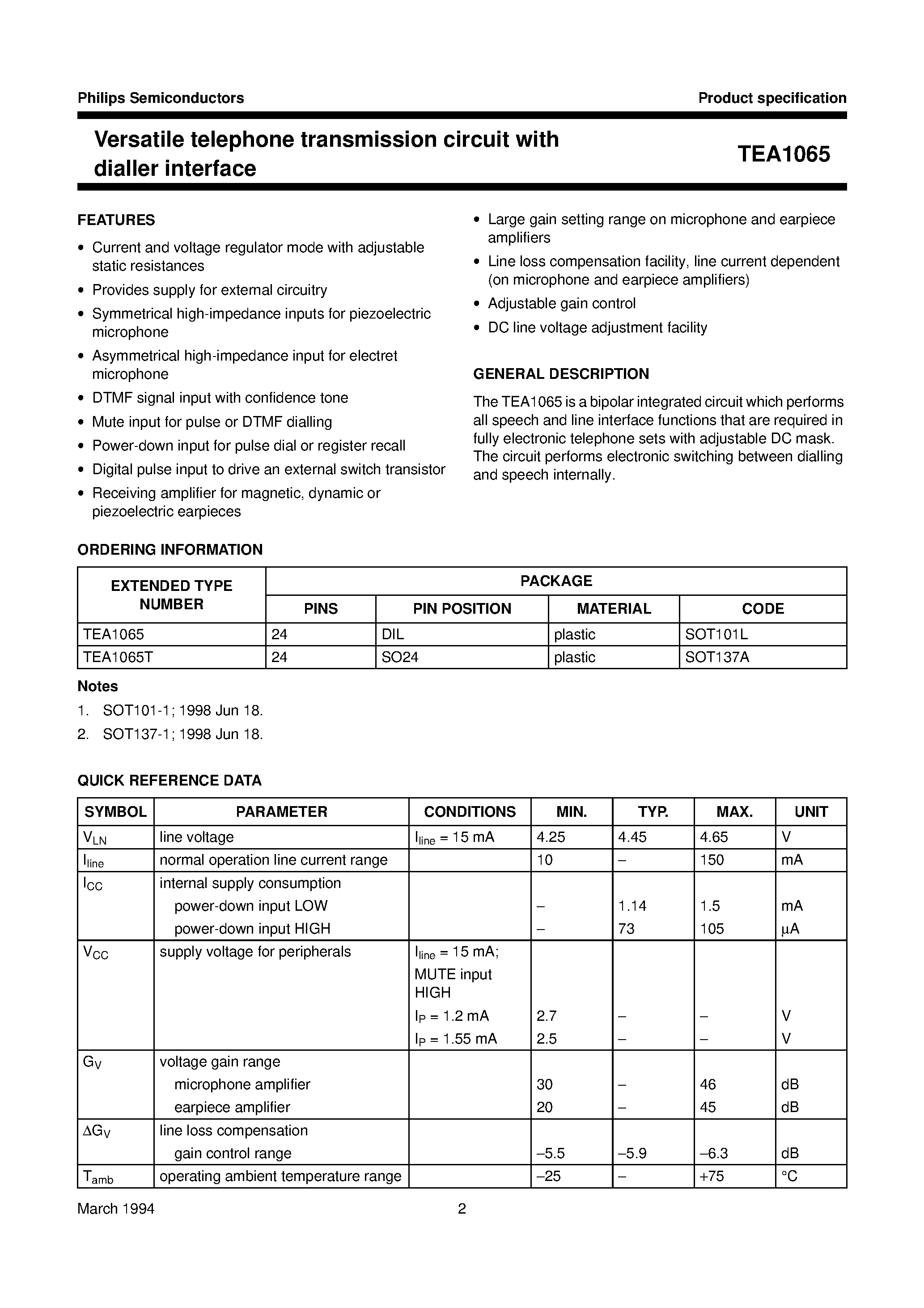 Datasheet TEA1065 page 2 Datasheet TEA1065 - Versatile telephone transmission circuit with dialler interface page 2