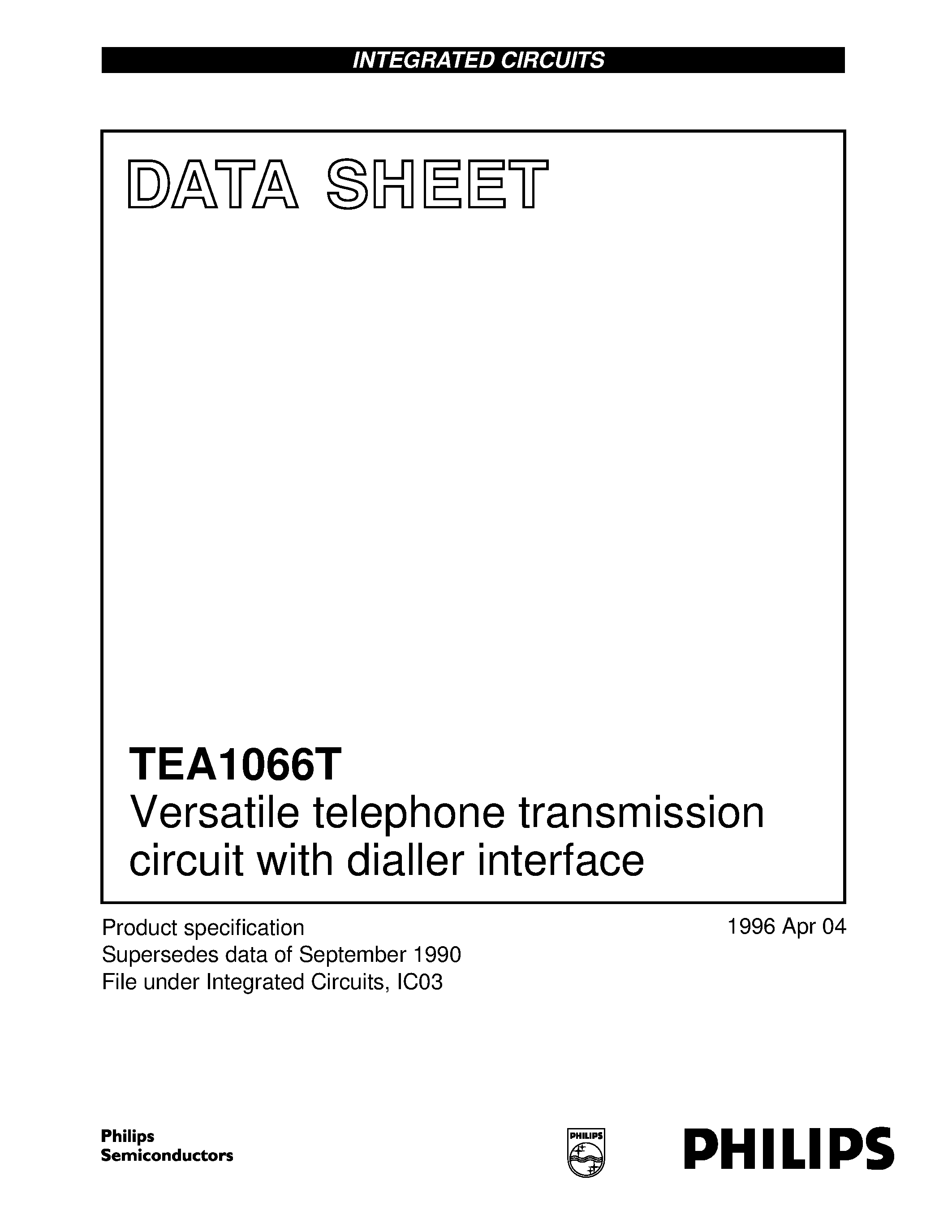 Datasheet TEA1066T page 1 Datasheet TEA1066T - Versatile telephone transmission circuit with dialler interface page 1