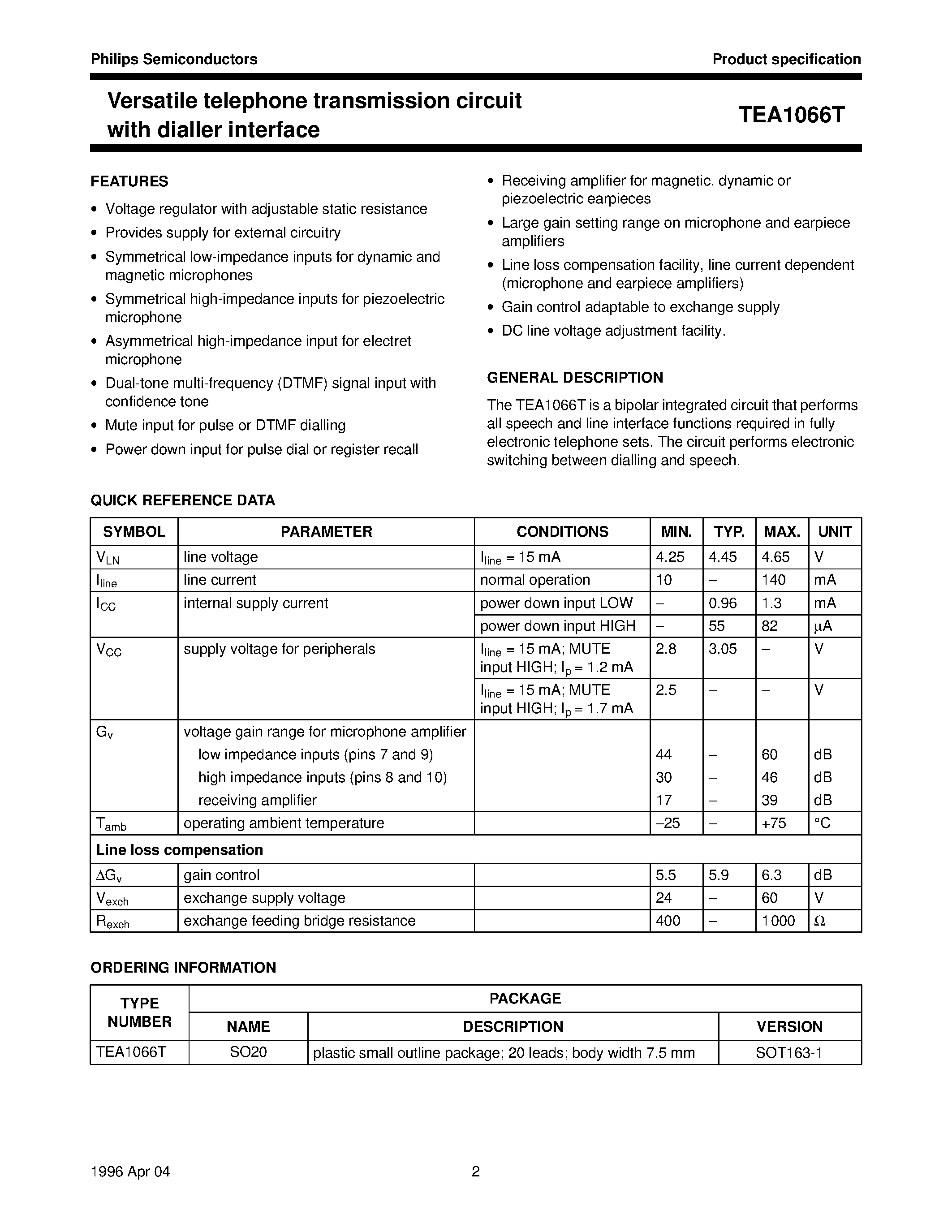 Datasheet TEA1066T page 2 Datasheet TEA1066T - Versatile telephone transmission circuit with dialler interface page 2