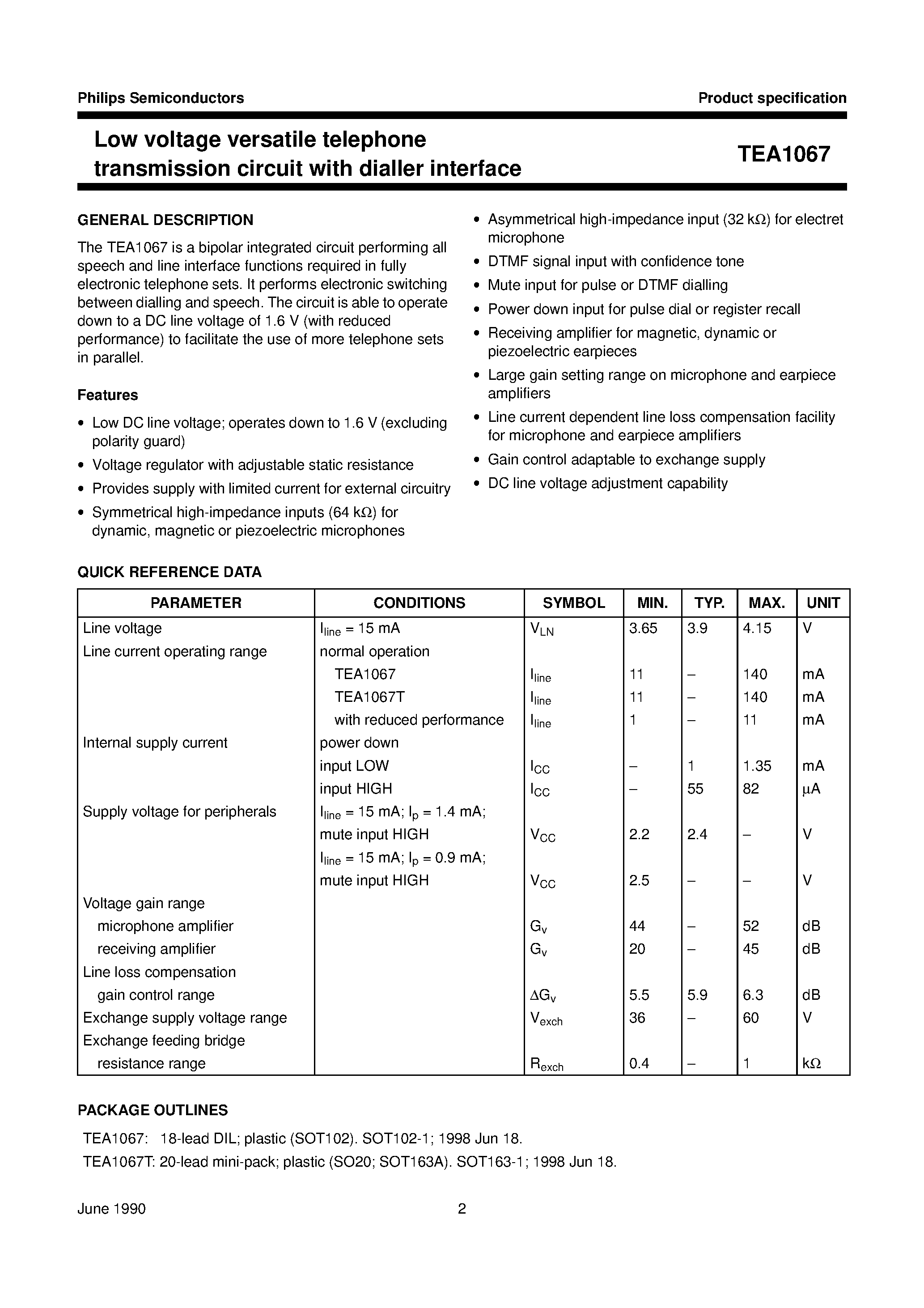 Datasheet TEA1067 page 2 Datasheet TEA1067 - Low voltage versatile telephone transmission circuit with dialler interface page 2