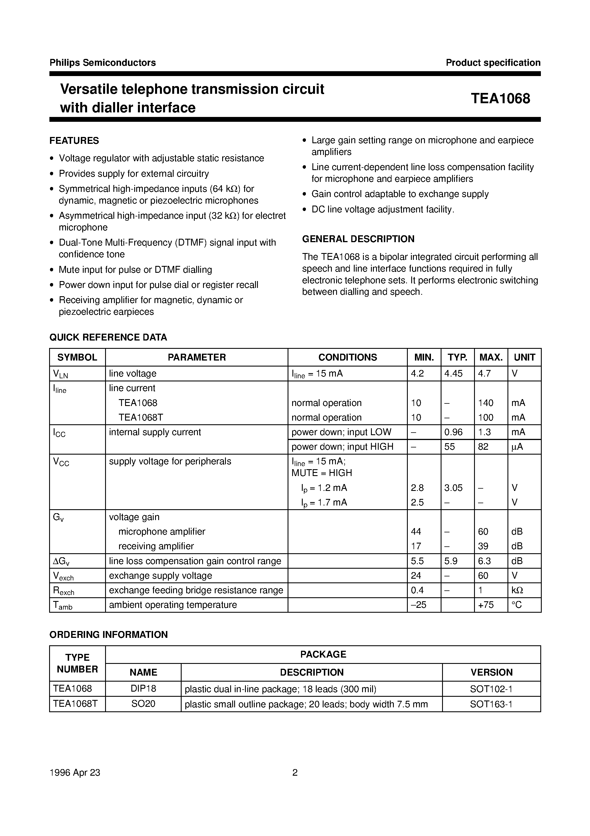 Datasheet TEA1068 page 2 Datasheet TEA1068 - Versatile telephone transmission circuit with dialler interface page 2