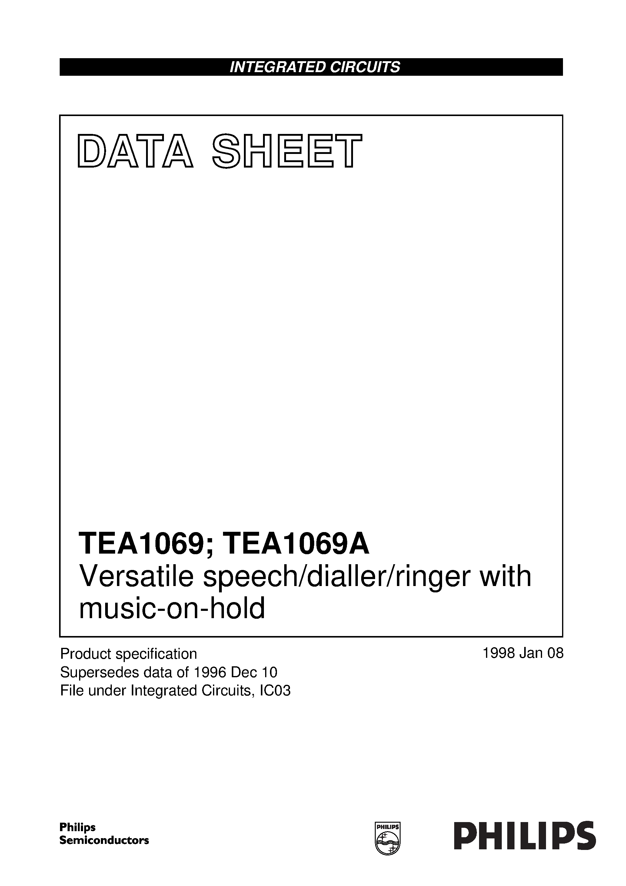 Datasheet TEA1069AH page 1 Datasheet TEA1069AH - Versatile speech/dialler/ringer with music-on-hold page 1
