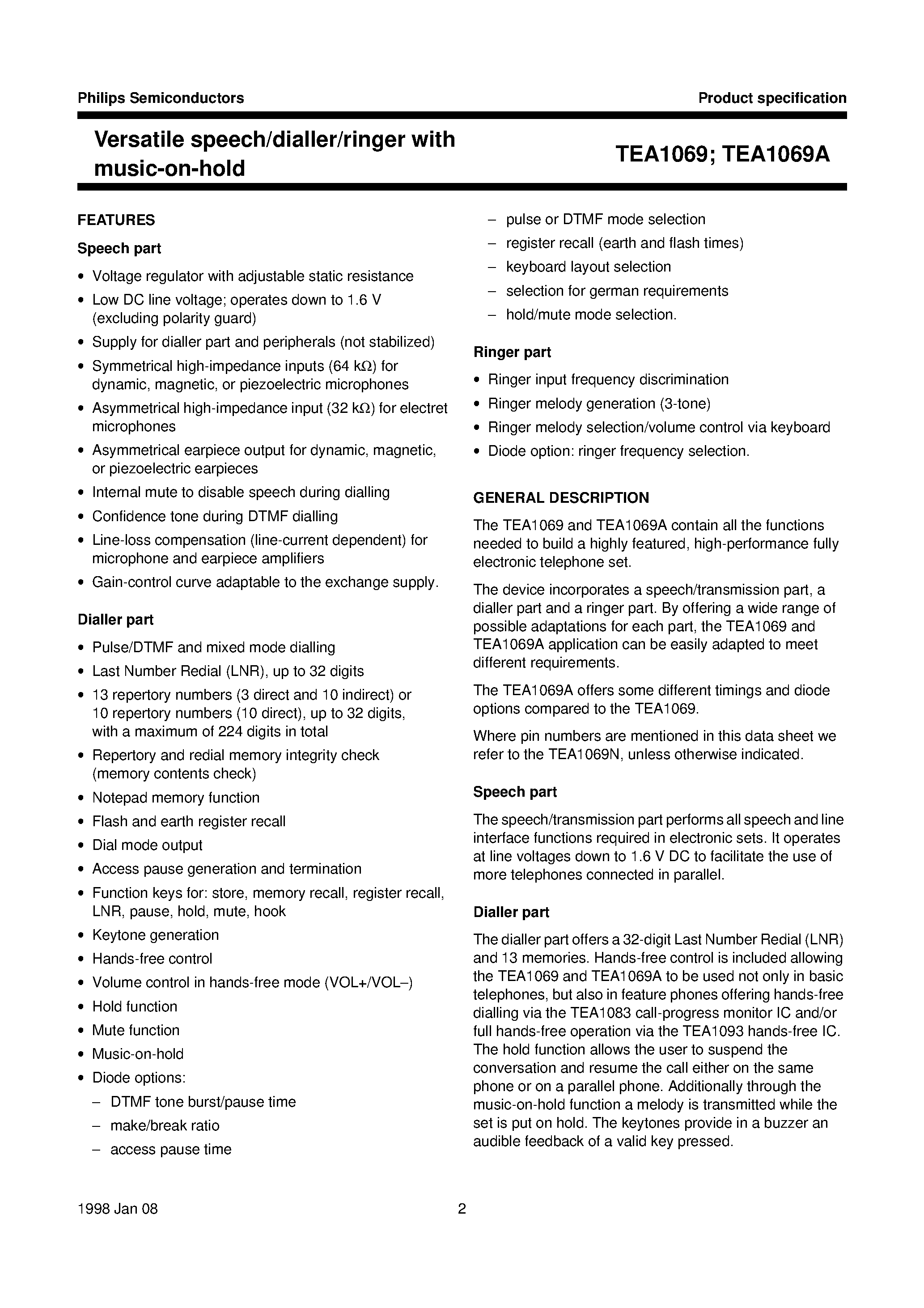 Datasheet TEA1069H page 2 Datasheet TEA1069H - Versatile speech/dialler/ringer with music-on-hold page 2