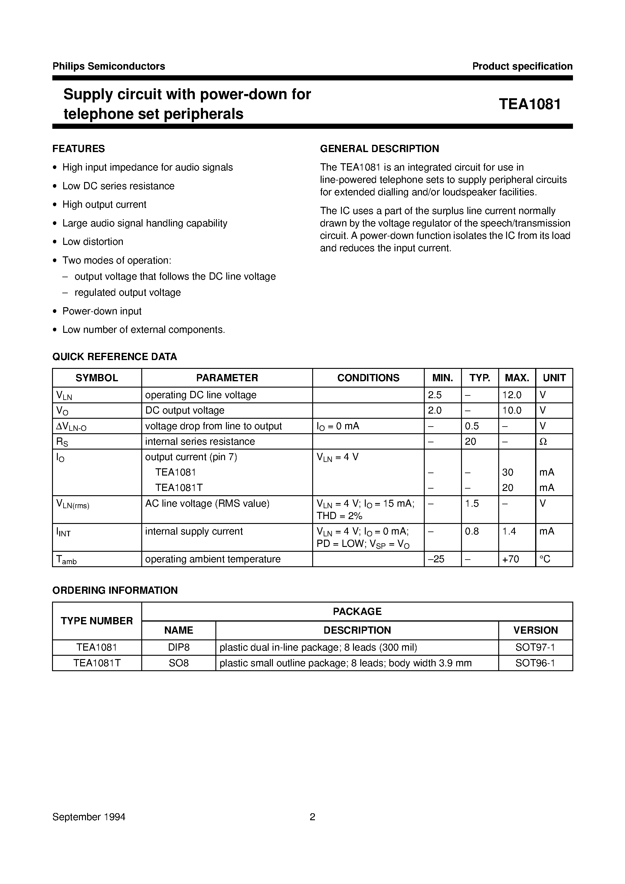 Datasheet TEA1081 page 2 Datasheet TEA1081 - Supply circuit with power-down for telephone set peripherals page 2