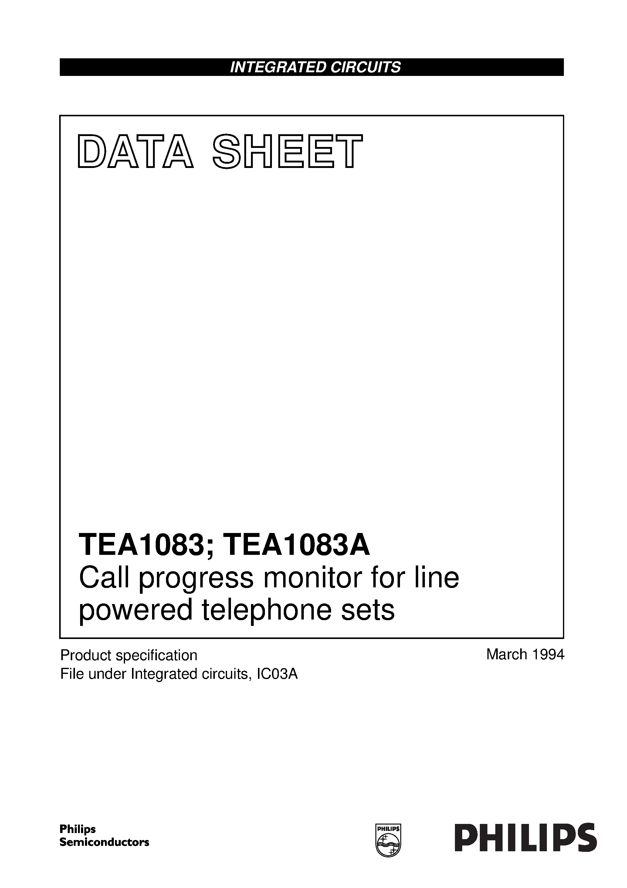Datasheet TEA1083 page 1 Datasheet TEA1083 - Call progress monitor for line powered telephone sets page 1