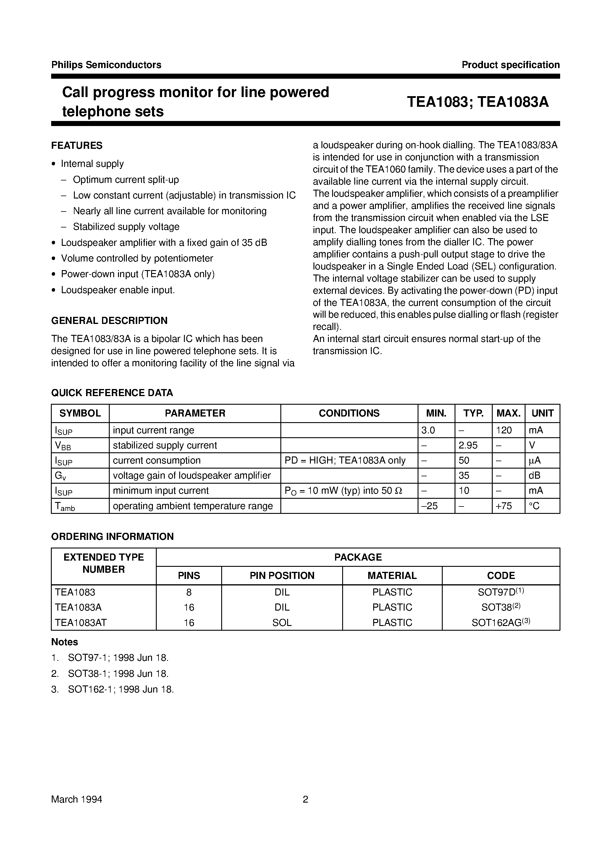 Datasheet TEA1083A page 2 Datasheet TEA1083A - Call progress monitor for line powered telephone sets page 2