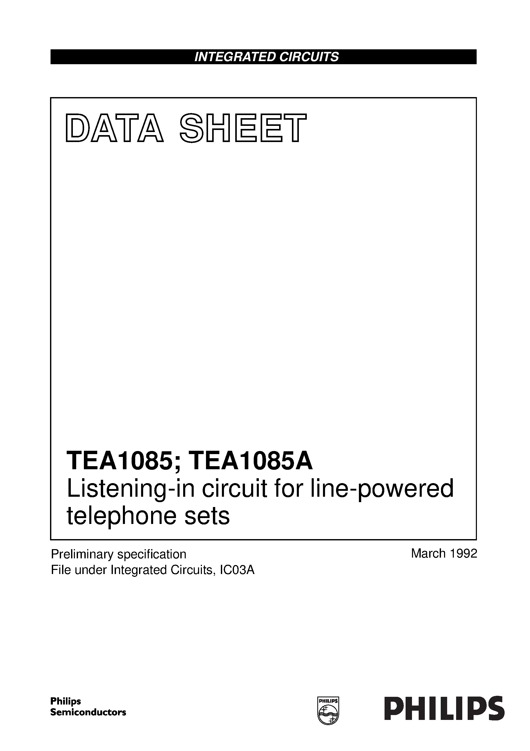 Datasheet TEA1085 page 1 Datasheet TEA1085 - Listening-in circuit for line-powered telephone sets page 1
