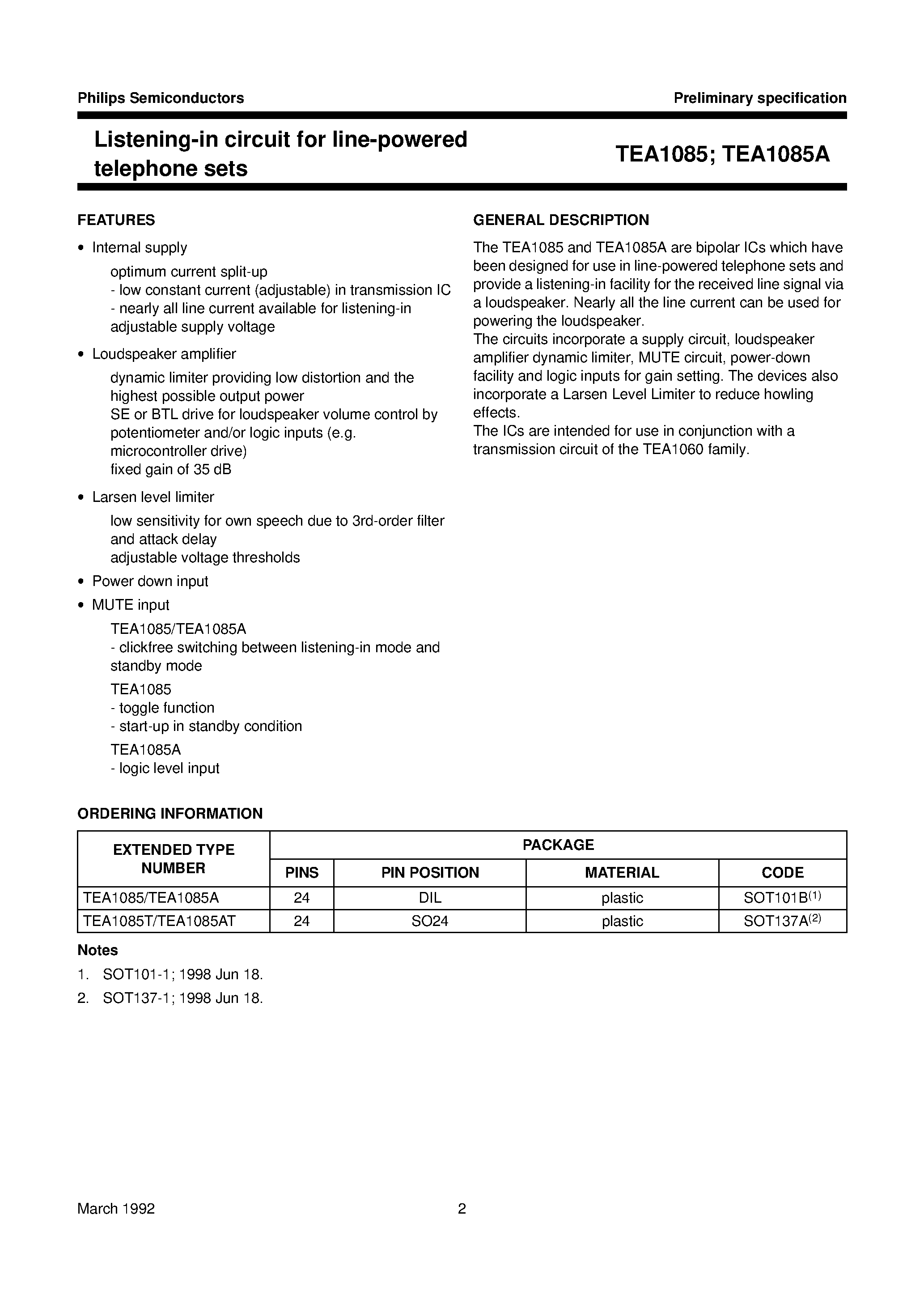 Datasheet TEA1085AT page 2 Datasheet TEA1085AT - Listening-in circuit for line-powered telephone sets page 2