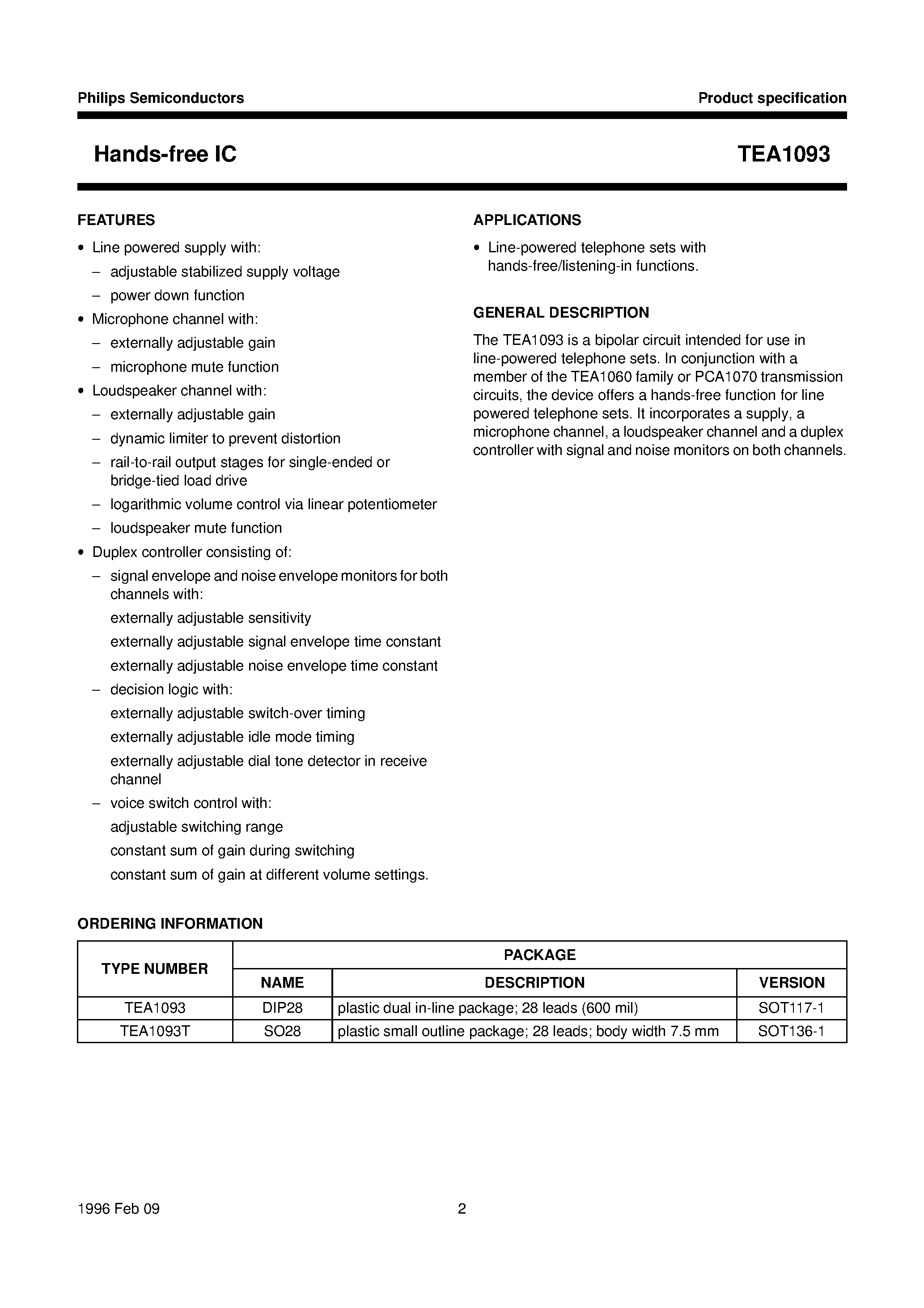 Datasheet TEA1093T - Hands-free IC page 2