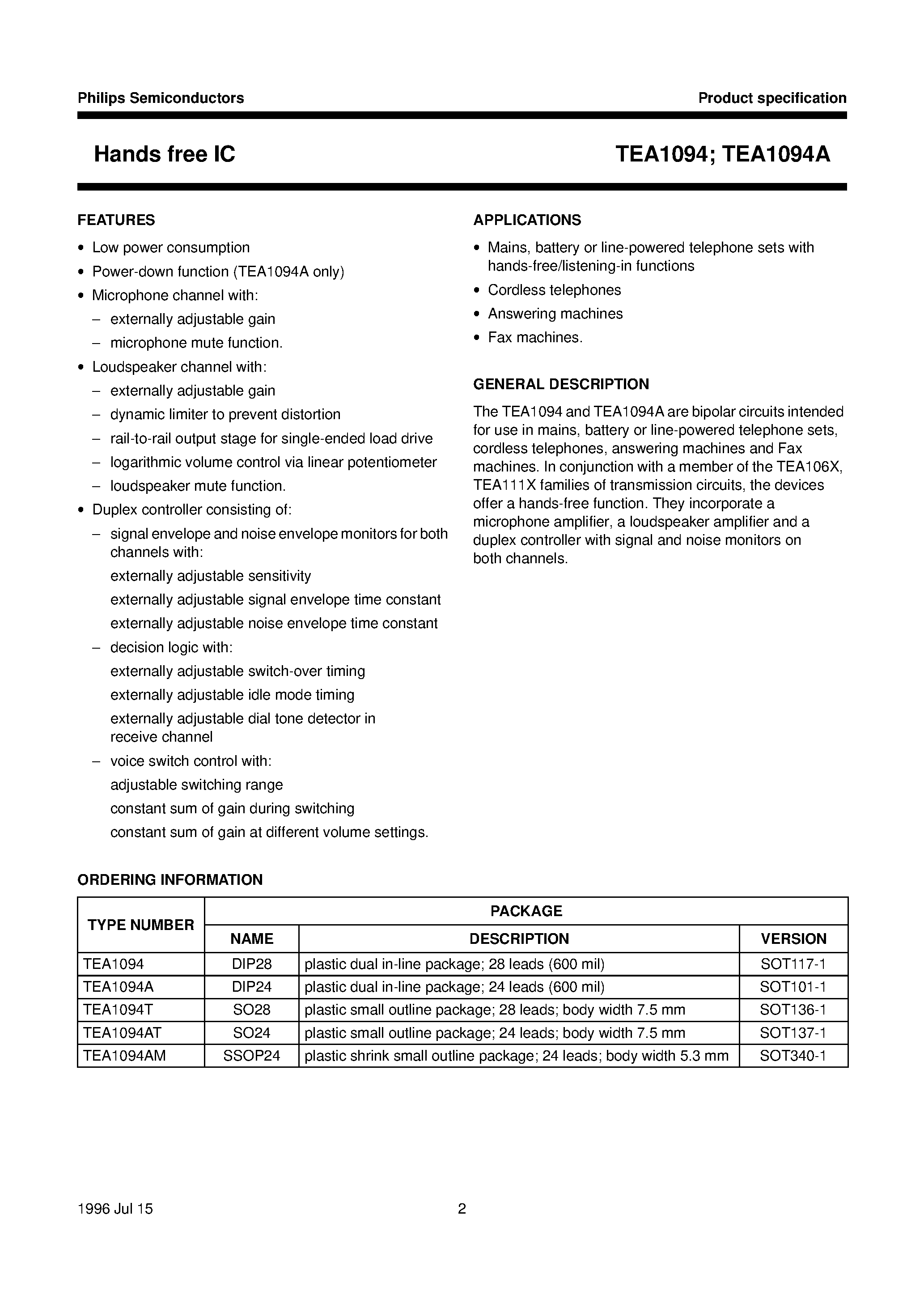 Datasheet TEA1094AM - Hands free IC page 2