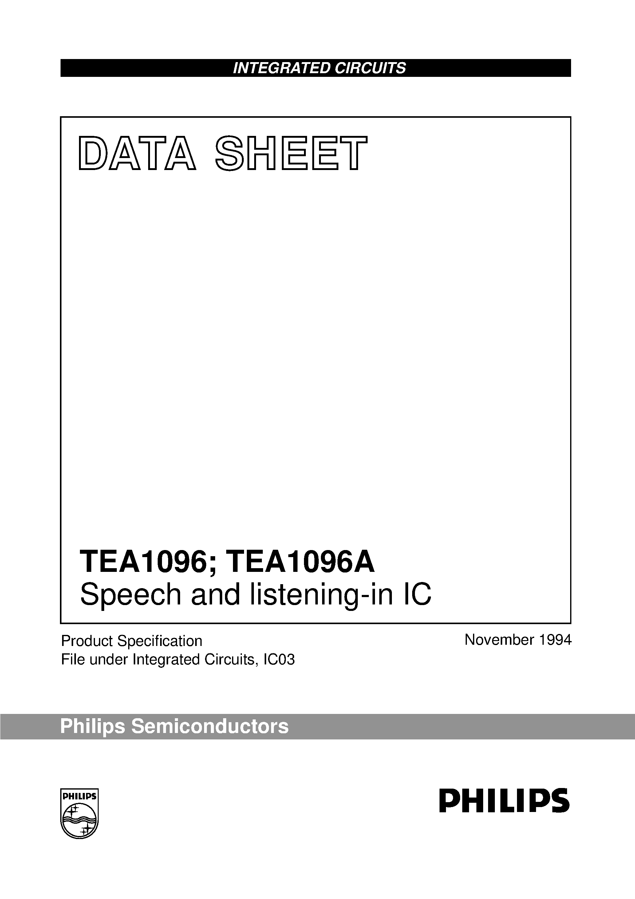 Datasheet TEA1096A page 1 Datasheet TEA1096A - Speech and listening-in IC page 1