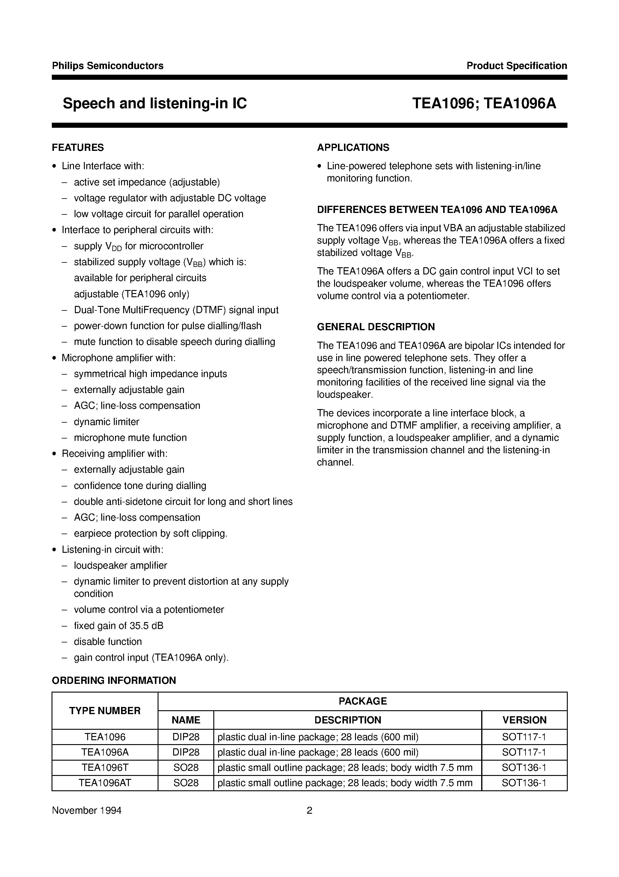 Datasheet TEA1096A page 2 Datasheet TEA1096A - Speech and listening-in IC page 2