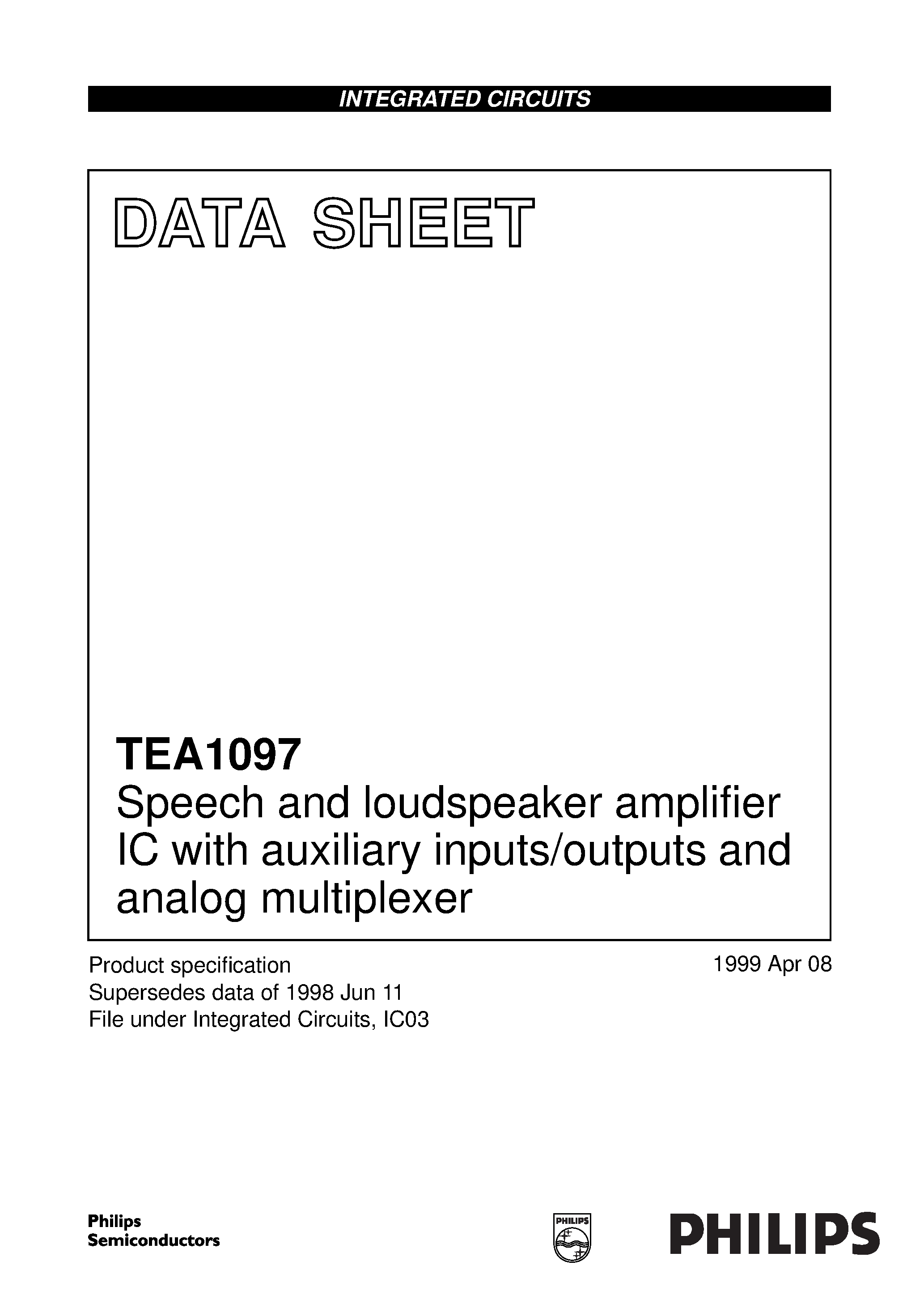 Даташит TEA1097H - Speech and loudspeaker amplifier IC with auxiliary inputs/outputs and analog multiplexer страница 1
