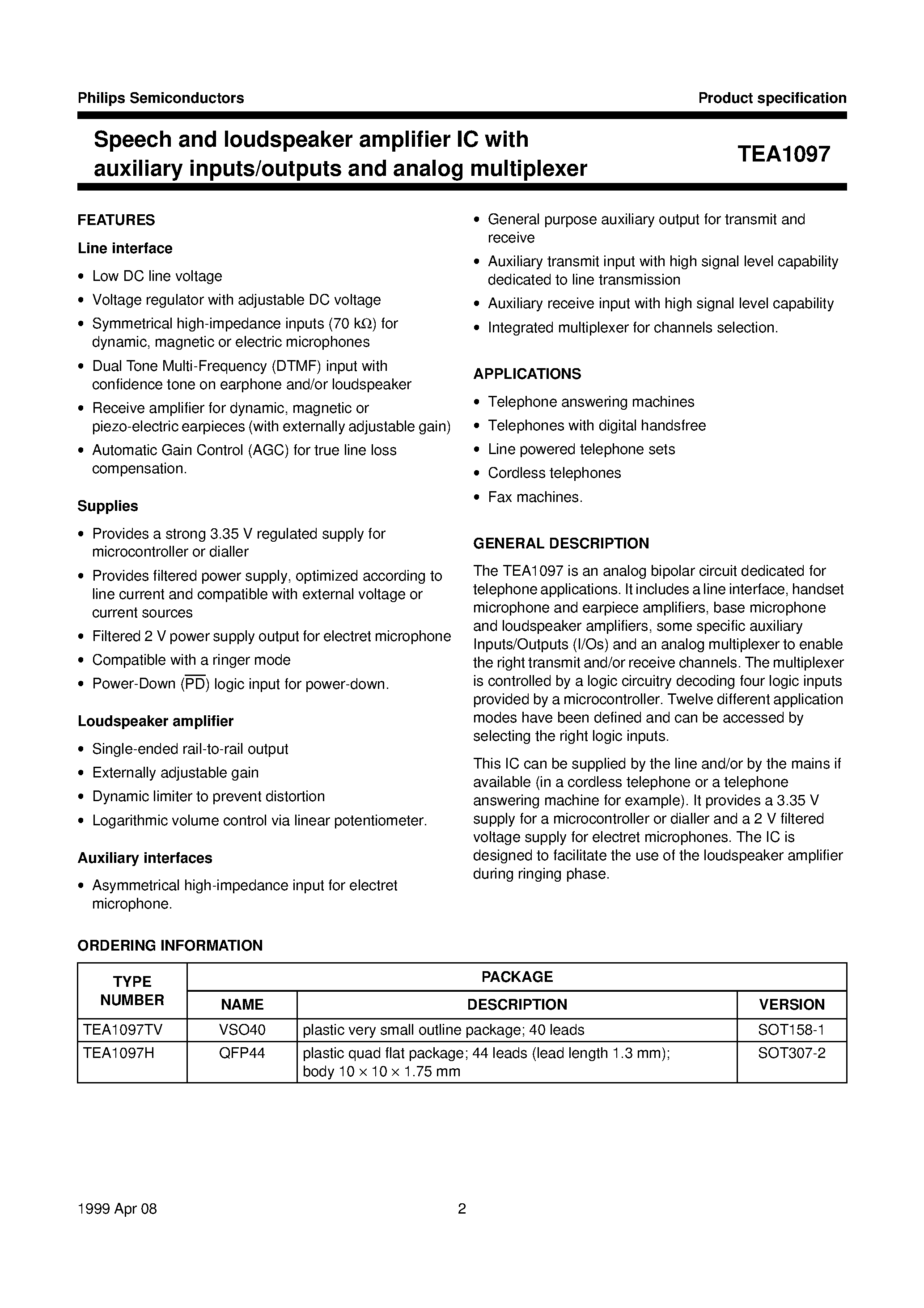 Даташит TEA1097H - Speech and loudspeaker amplifier IC with auxiliary inputs/outputs and analog multiplexer страница 2