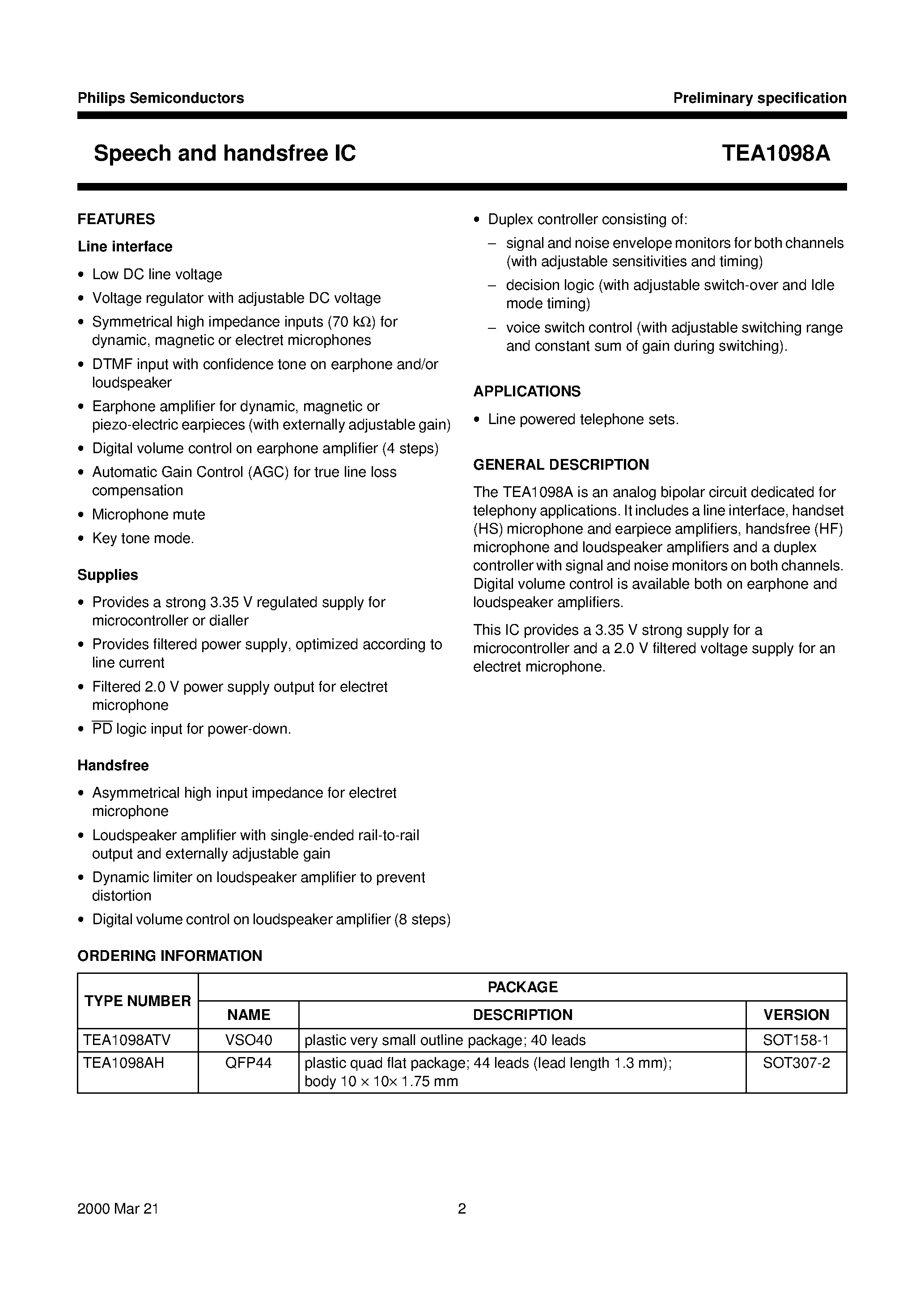 Datasheet TEA1098AH page 2 Datasheet TEA1098AH - Speech and handsfree IC page 2