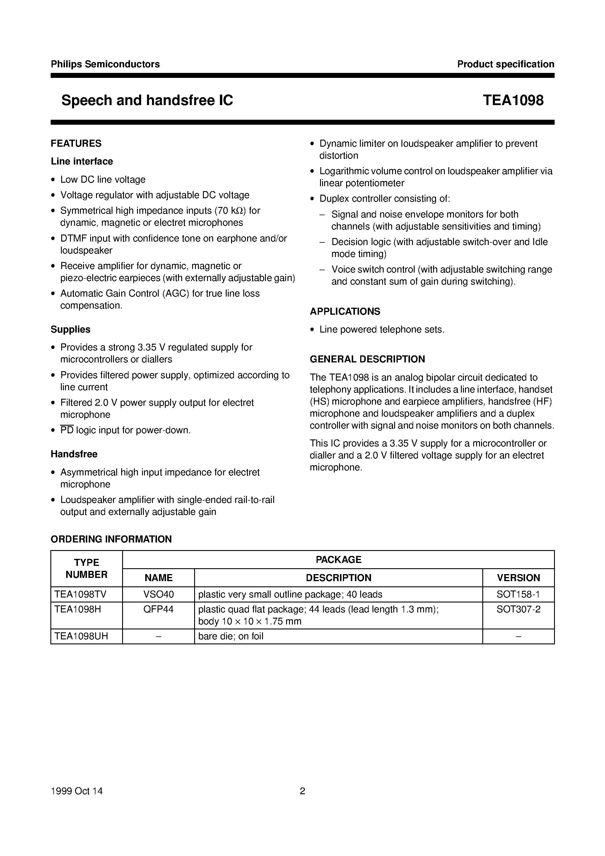 Даташит TEA1098H - Speech and handsfree IC страница 2