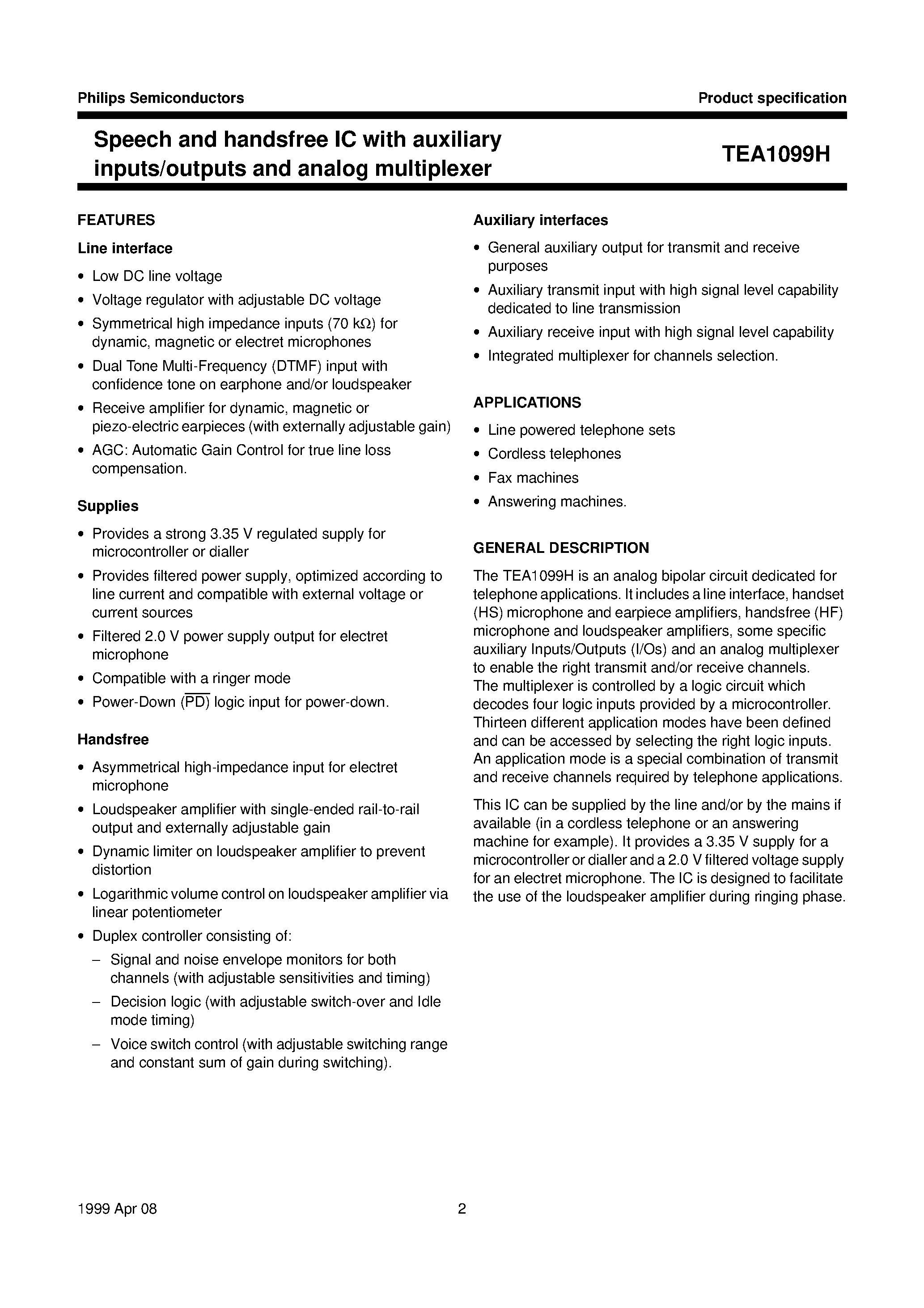 Datasheet TEA1099H - Speech and handsfree IC with auxiliary inputs/outputs and analog multiplexer page 2