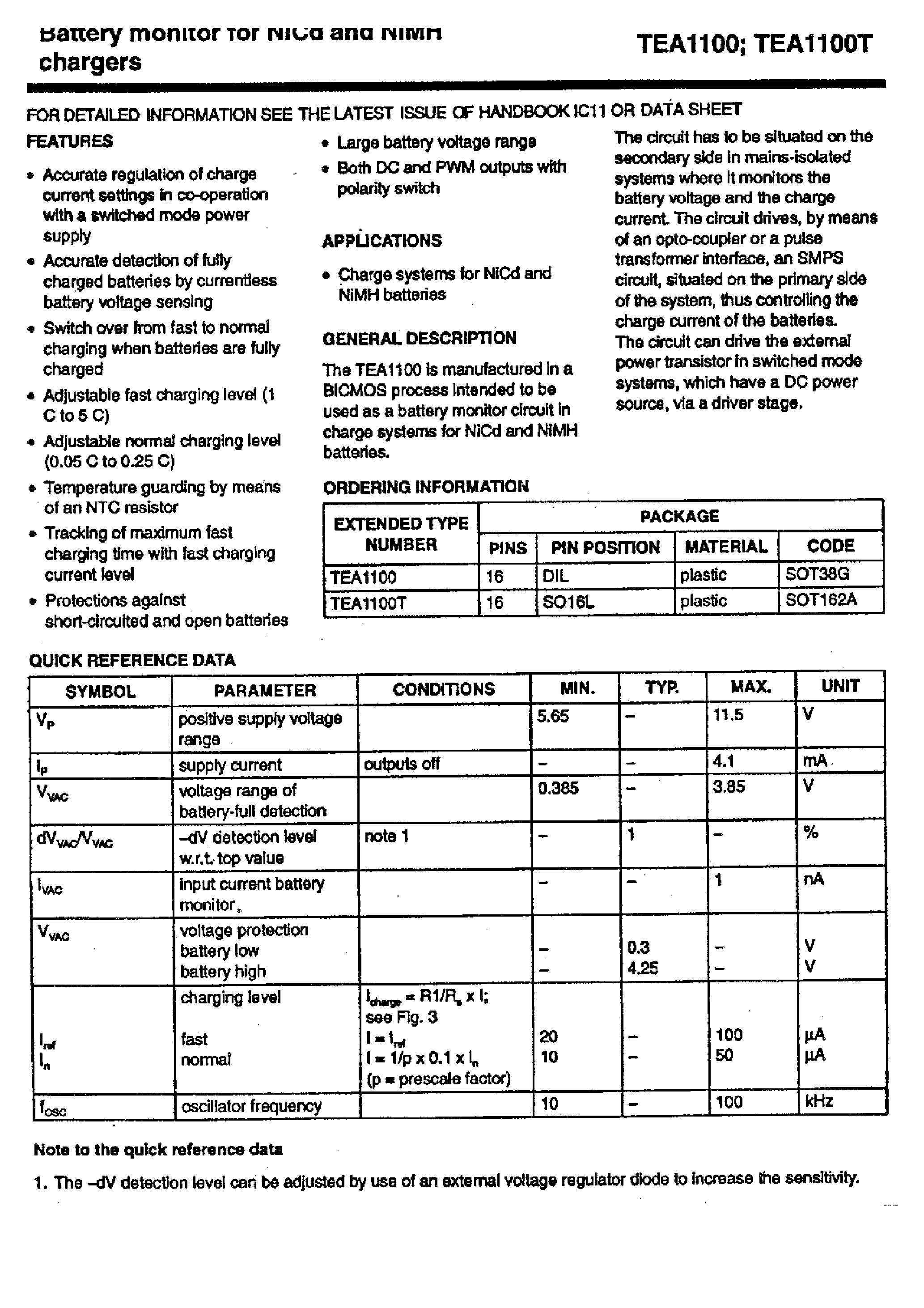 Даташит TEA1100 - Battery monitor for Nicd and NiMH chargers страница 2