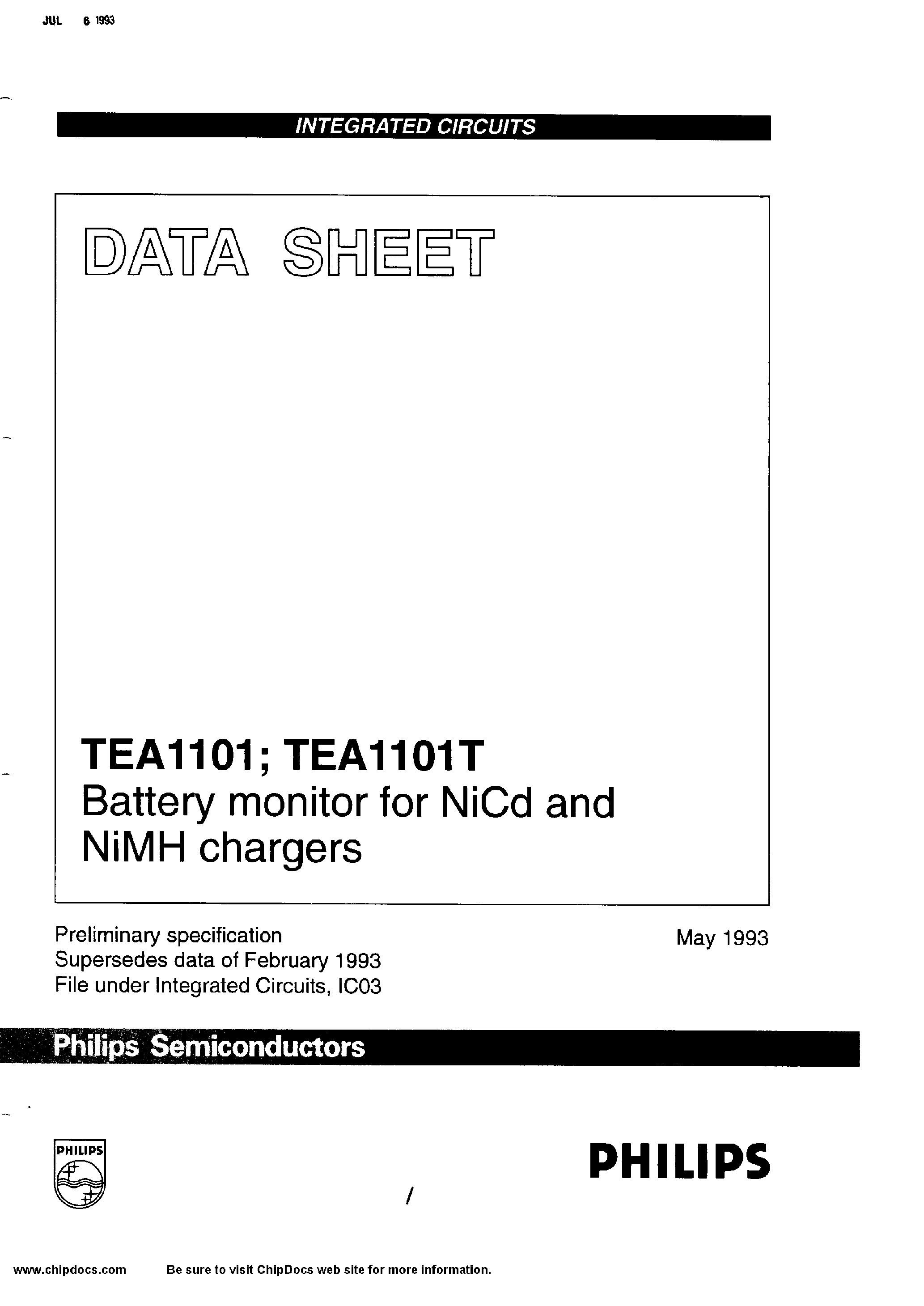 Даташит TEA1101 - Battery monitor for Nicd and NiMH chargers страница 1